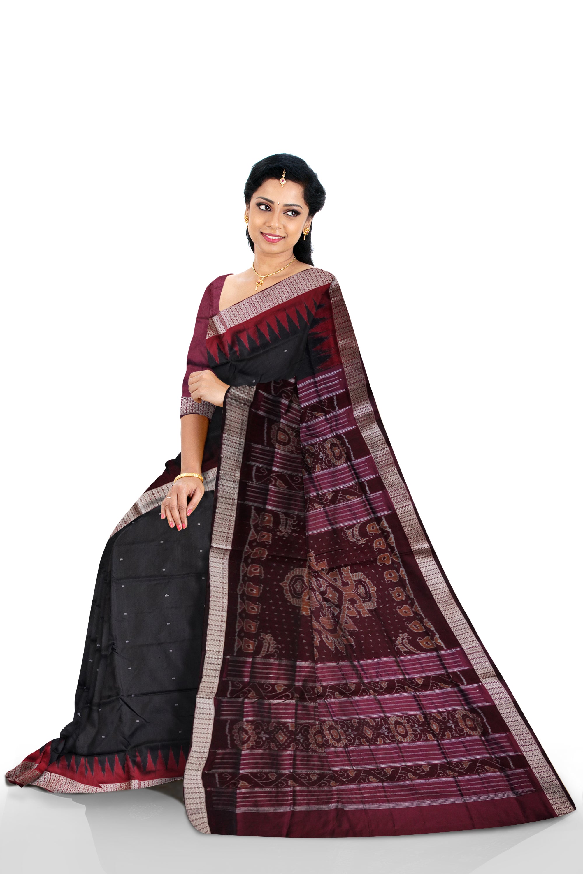 Black and maroon color plain sambalpuri pata saree. - Koshali Arts & Crafts Enterprise