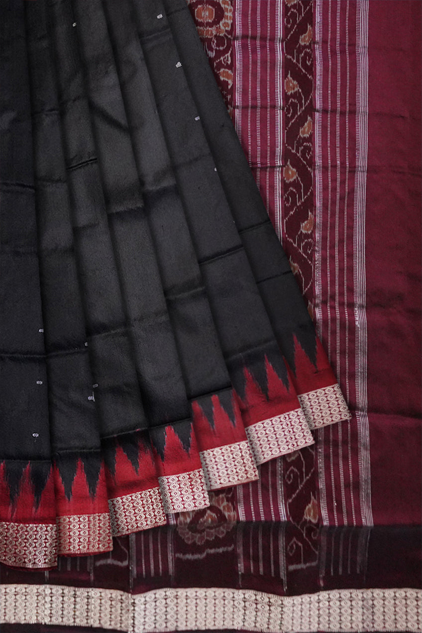 Black and maroon color plain sambalpuri pata saree. - Koshali Arts & Crafts Enterprise
