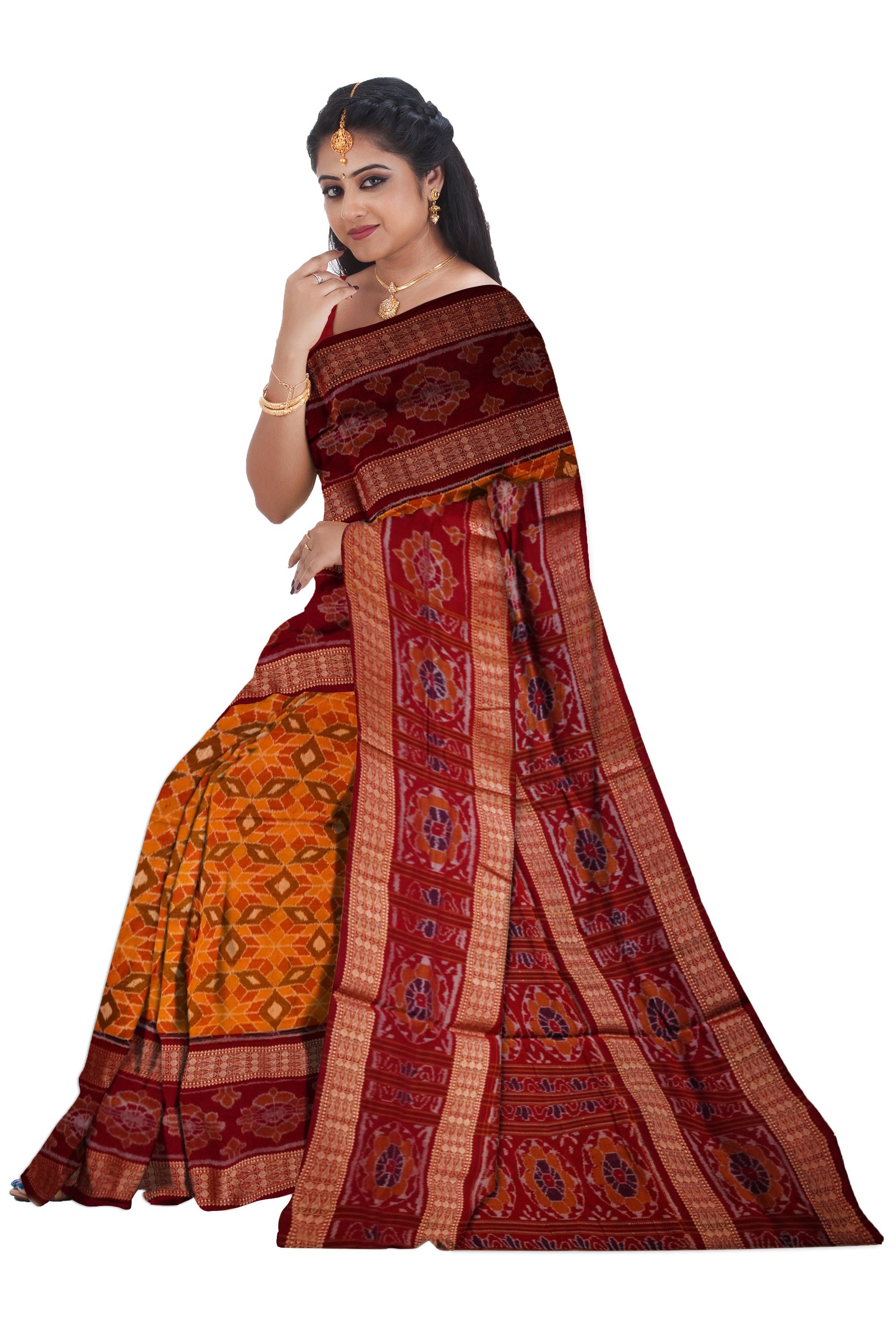 Yellow and marron color Sambalpuri cotton saree with big border. - Koshali Arts & Crafts Enterprise