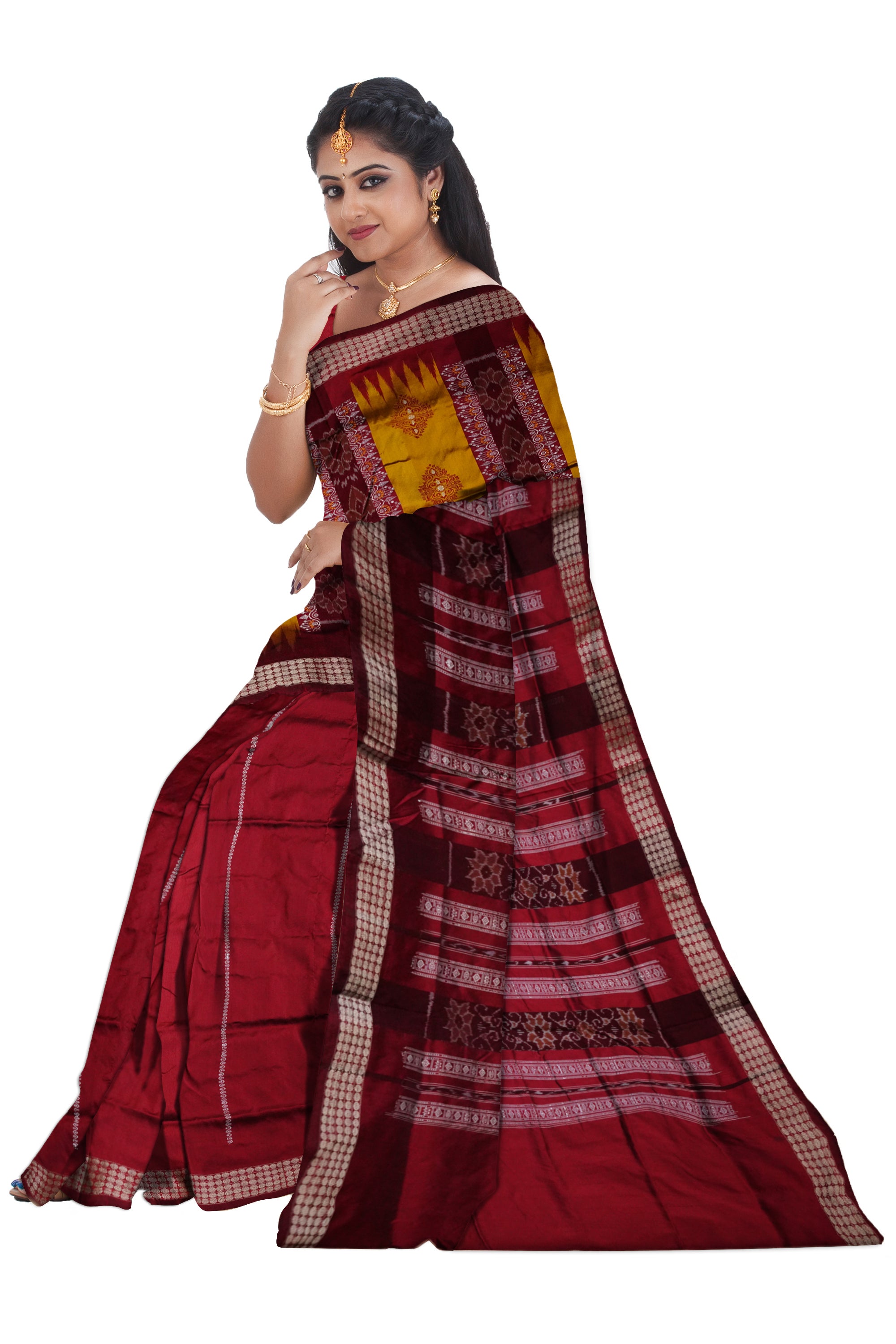 Latest Patli design Yellow and Maroon color Pata saree. - Koshali Arts & Crafts Enterprise