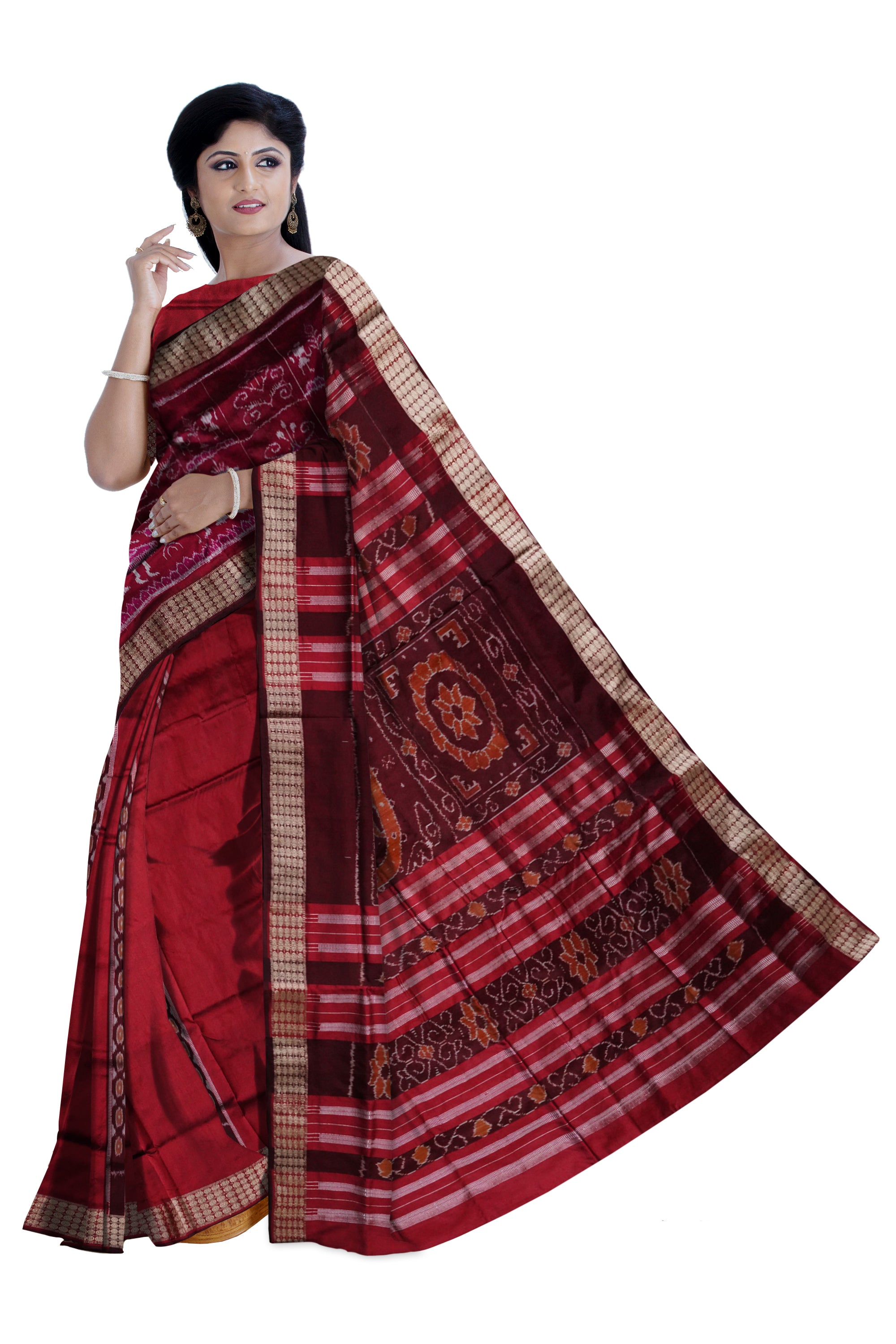 Deep pink & Maroon color terracotta pattern patli pata saree. - Koshali Arts & Crafts Enterprise