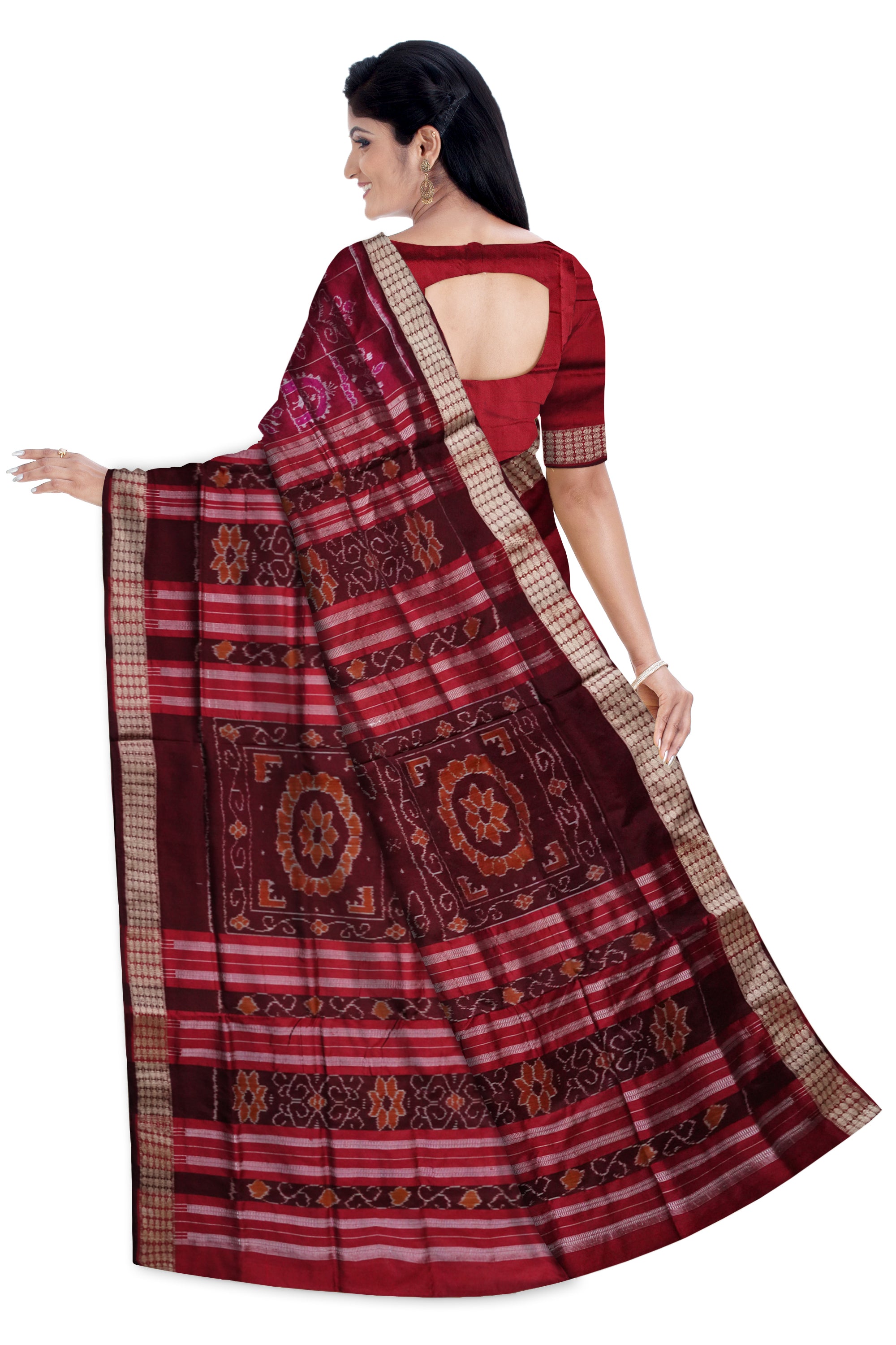 Deep pink & Maroon color terracotta pattern patli pata saree. - Koshali Arts & Crafts Enterprise