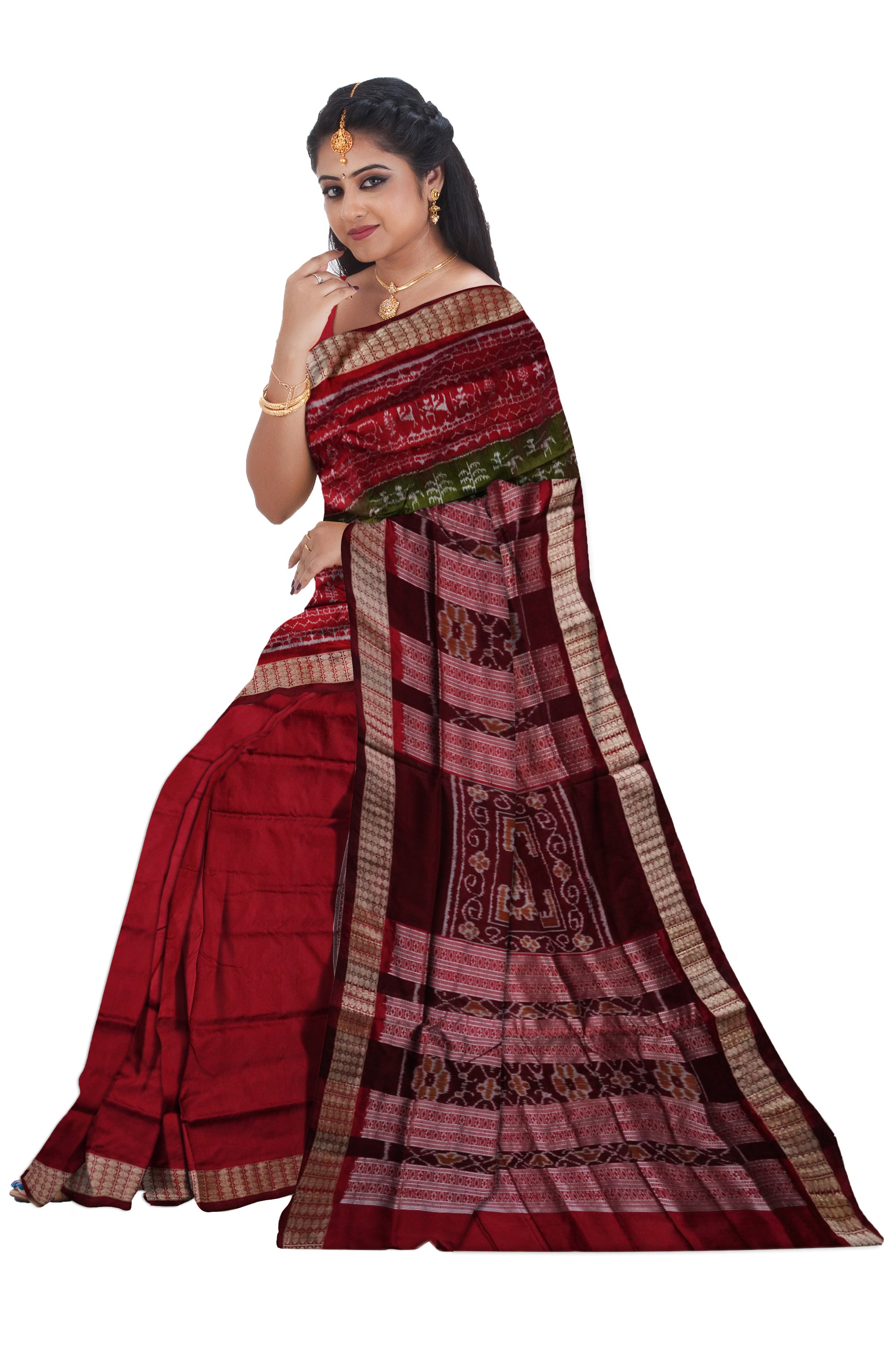 Latest terracotta pattern patli design pata saree is Mehendi & Maroon color. - Koshali Arts & Crafts Enterprise