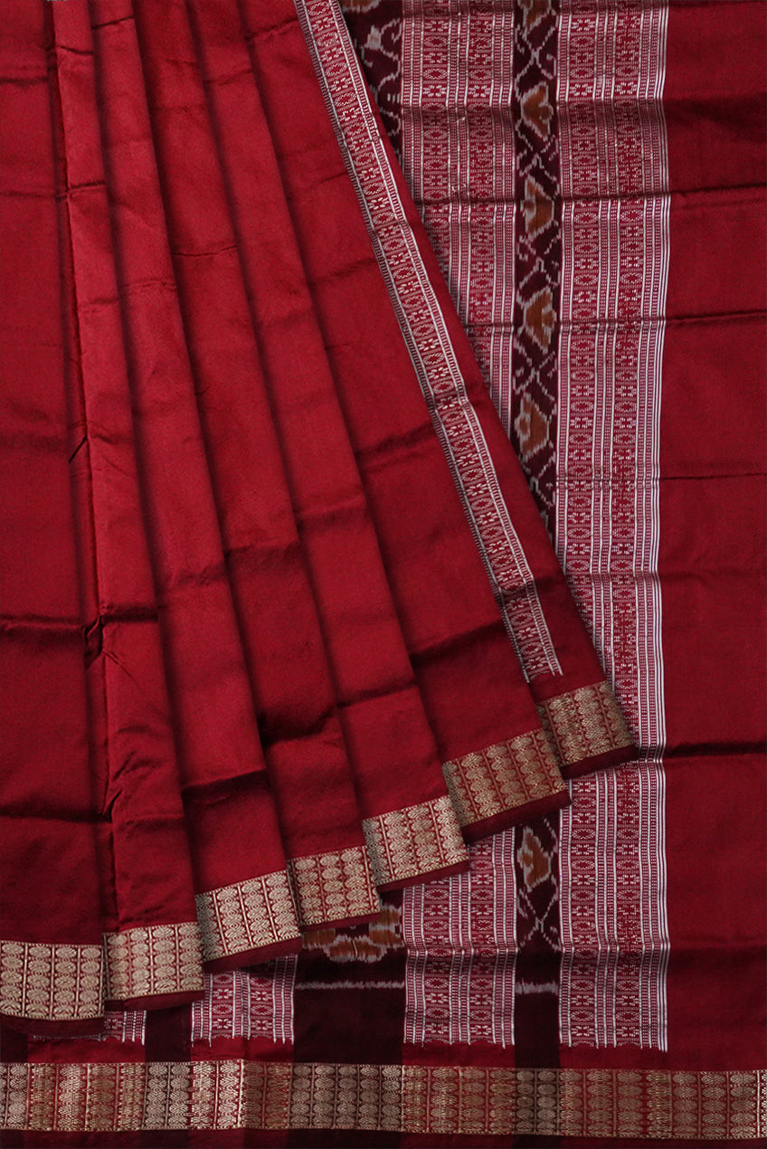Latest terracotta pattern patli design pata saree is Mehendi & Maroon color. - Koshali Arts & Crafts Enterprise