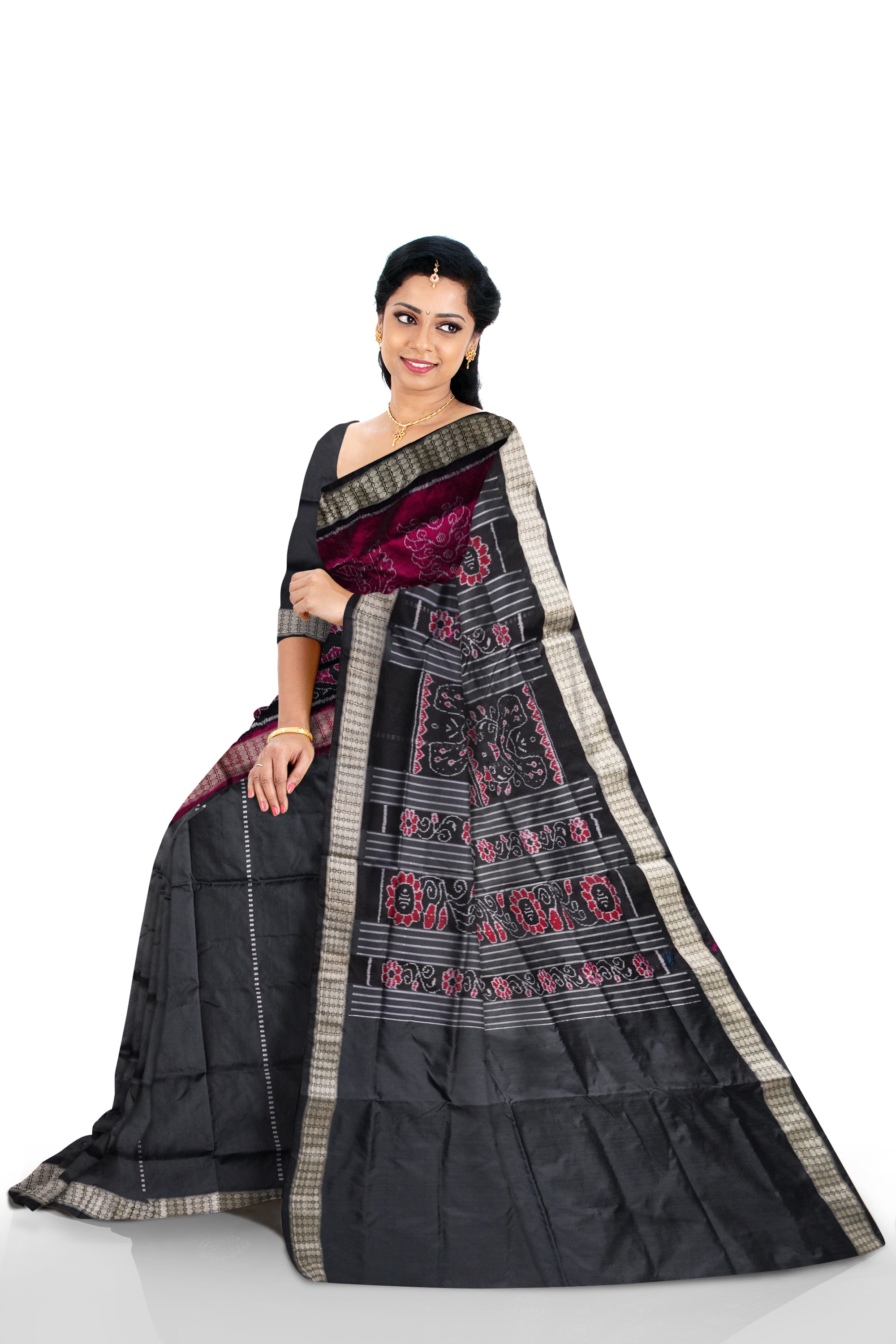 Nartaki with Peacock pattern patli pata saree in Deep-pink & Black color. - Koshali Arts & Crafts Enterprise