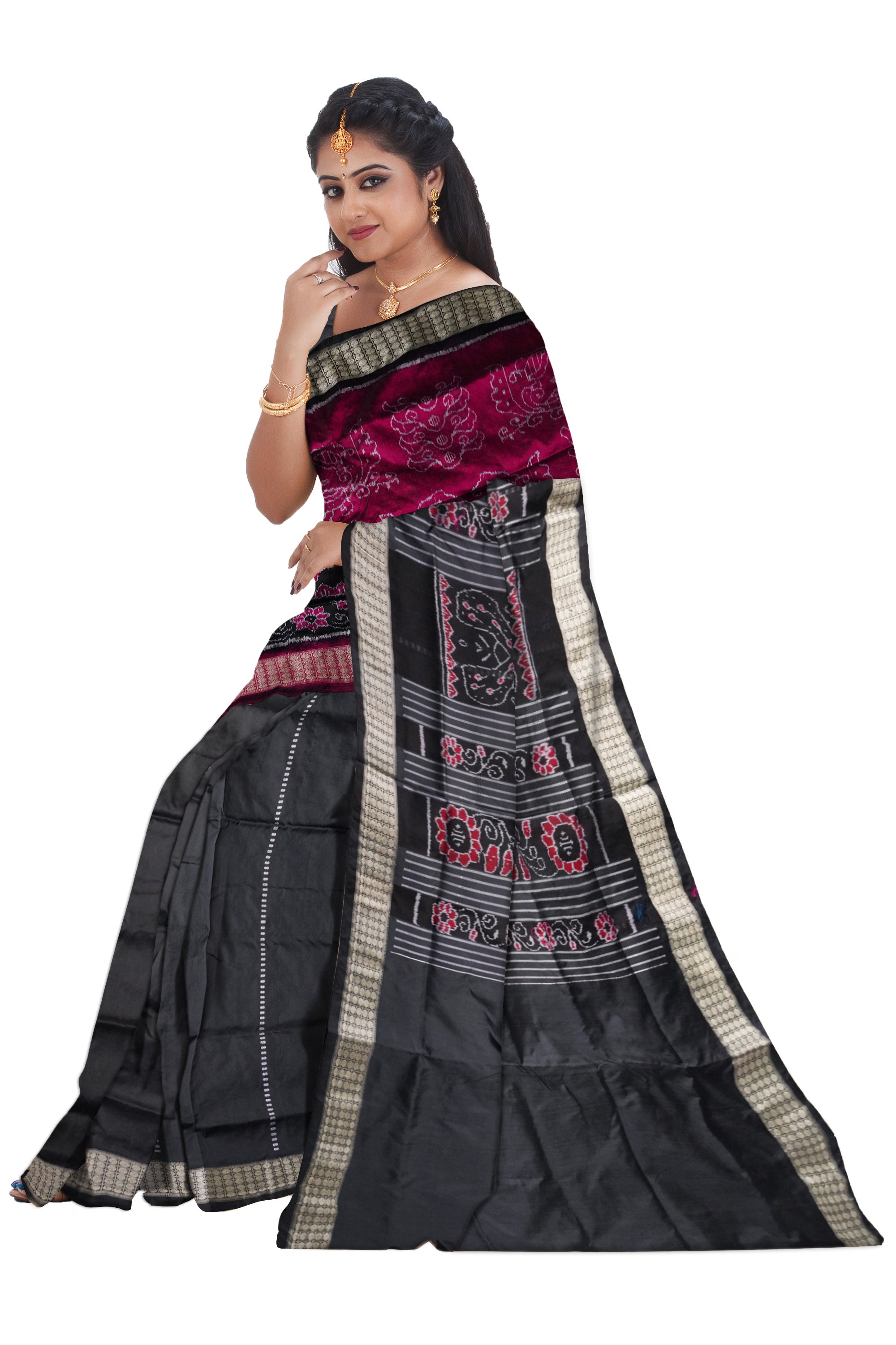 Nartaki with Peacock pattern patli pata saree in Deep-pink & Black color. - Koshali Arts & Crafts Enterprise