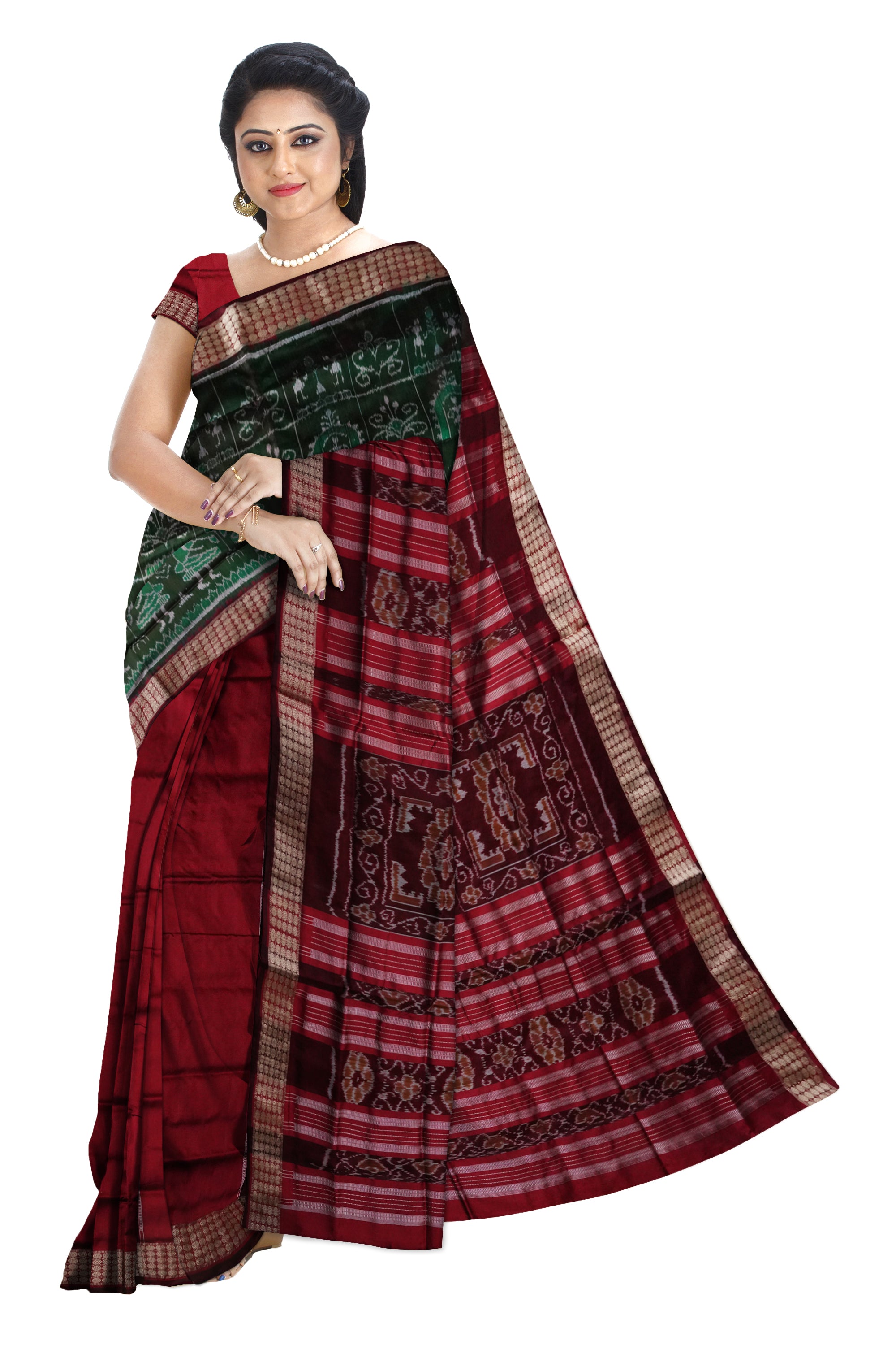Terracotta with Nartaki pattern patli design pata saree in Deep-Green & Maroon color base. - Koshali Arts & Crafts Enterprise