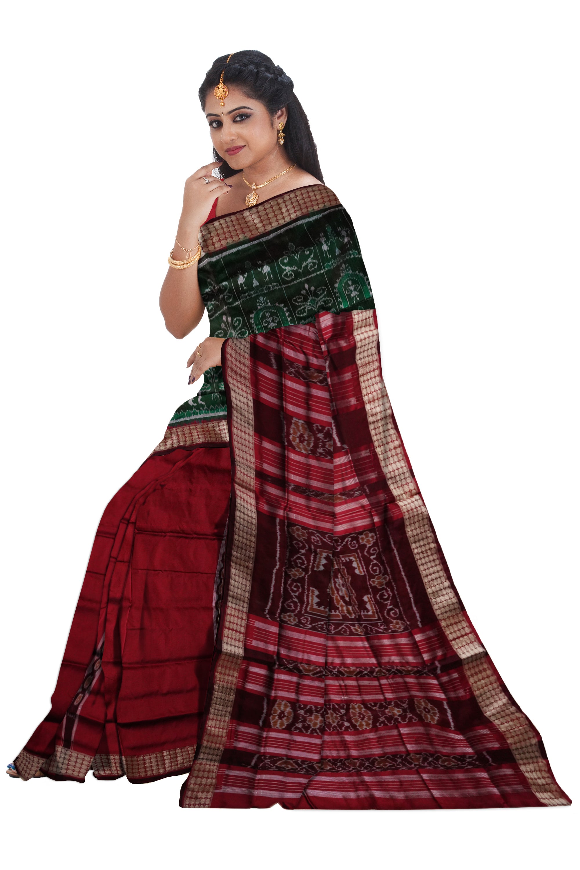 Terracotta with Nartaki pattern patli design pata saree in Deep-Green & Maroon color base. - Koshali Arts & Crafts Enterprise