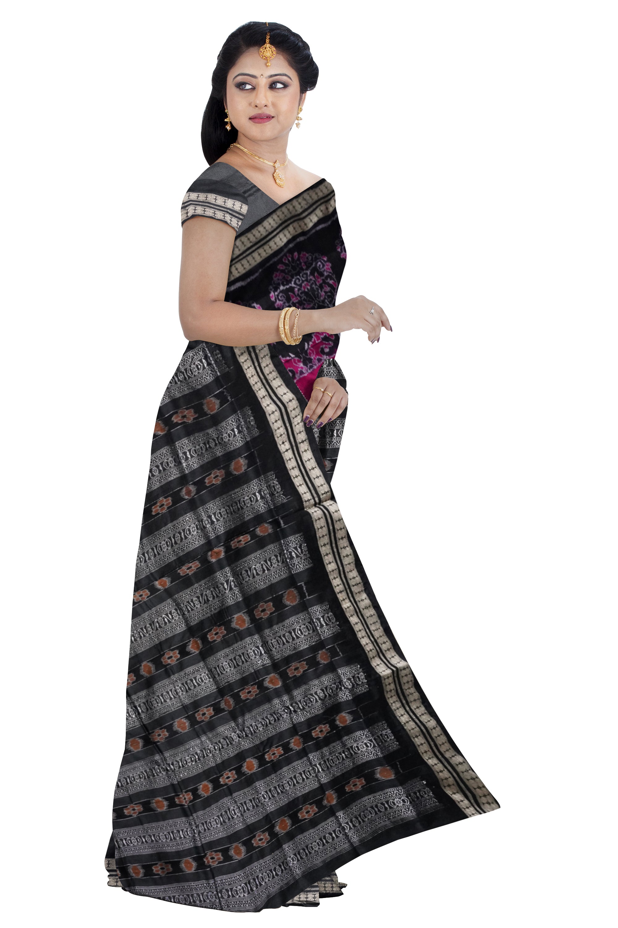 Traditional tree with elephant pattern patli pata saree in Dark-pink & Black color. - Koshali Arts & Crafts Enterprise