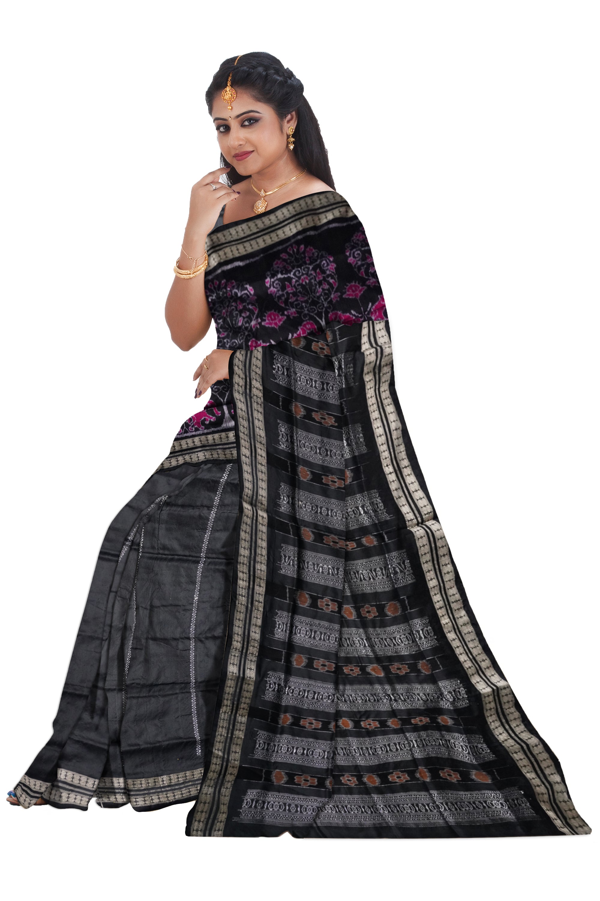 Traditional tree with elephant pattern patli pata saree in Dark-pink & Black color. - Koshali Arts & Crafts Enterprise