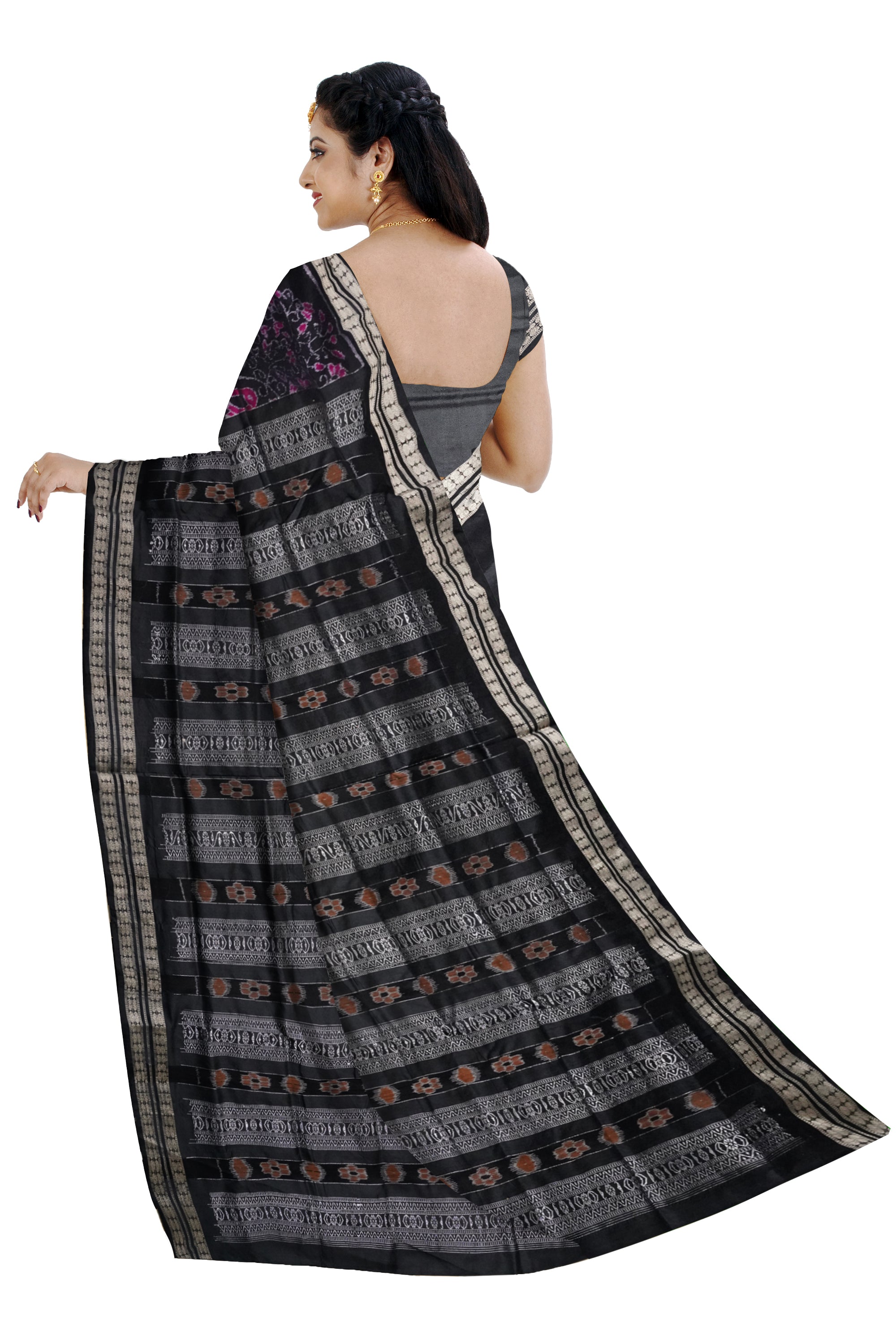 Traditional tree with elephant pattern patli pata saree in Dark-pink & Black color. - Koshali Arts & Crafts Enterprise