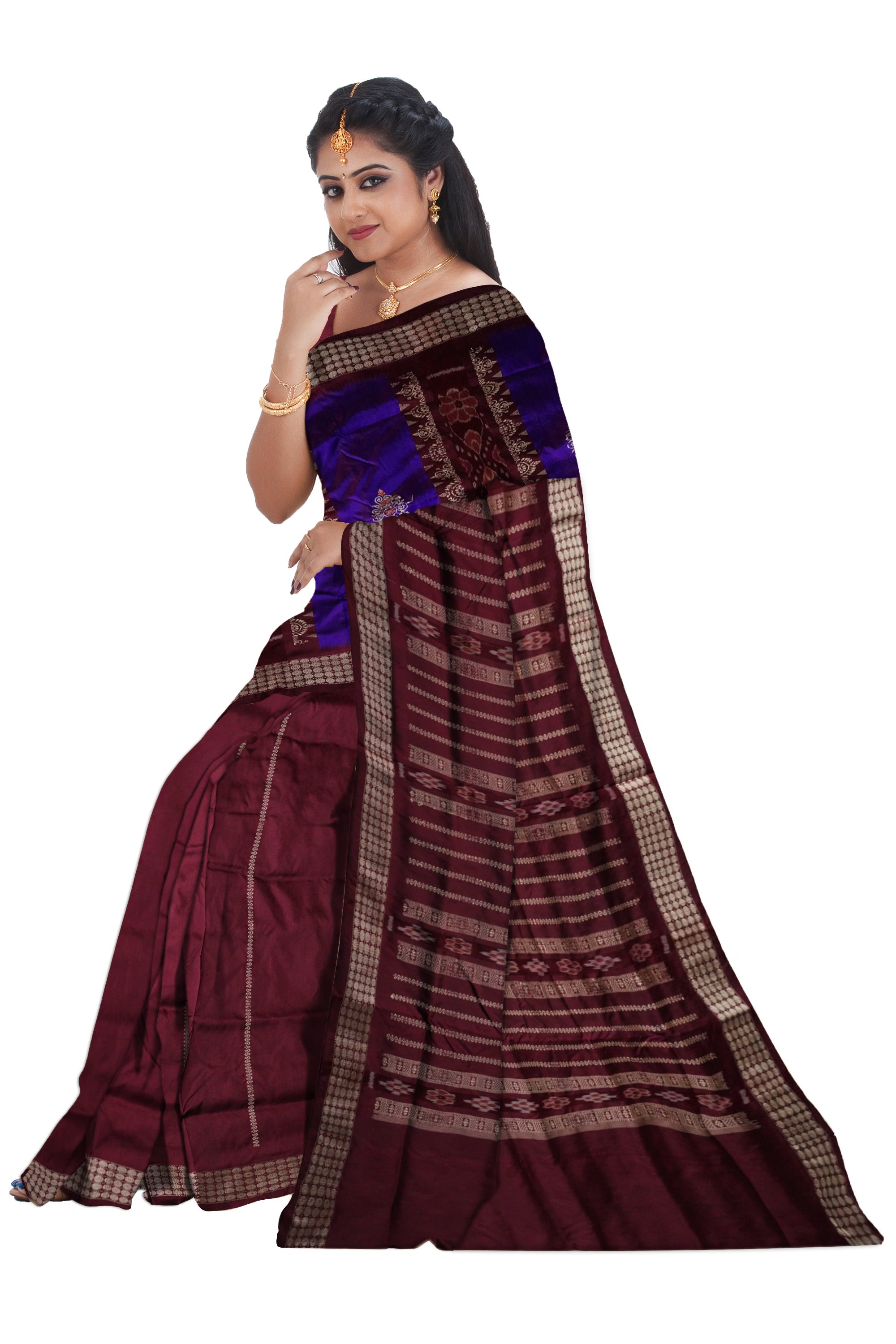 Purple & Coffee color patli design pata saree . - Koshali Arts & Crafts Enterprise
