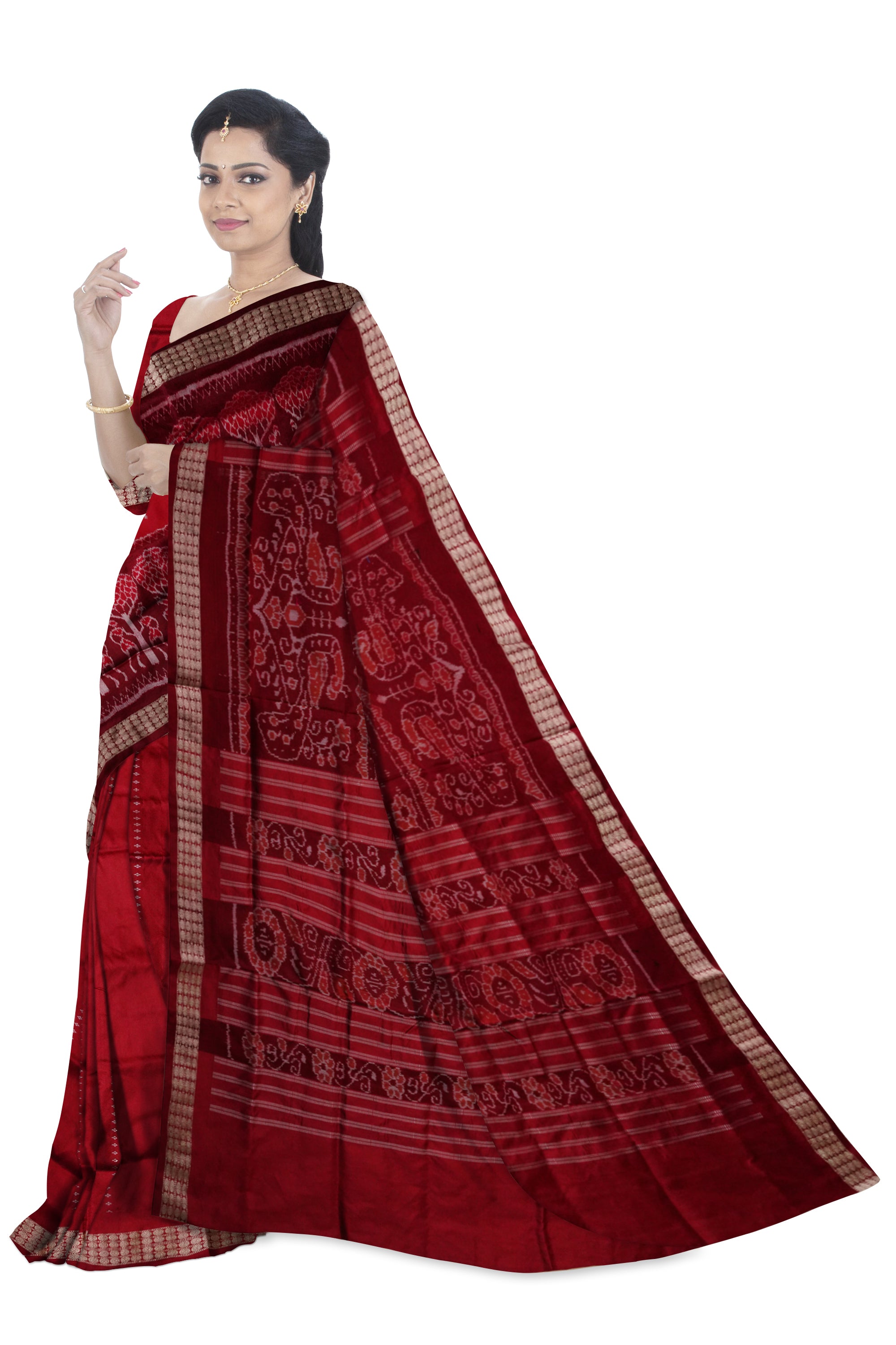Red & Maroon color terracotta with tree pattern patli pata saree. - Koshali Arts & Crafts Enterprise