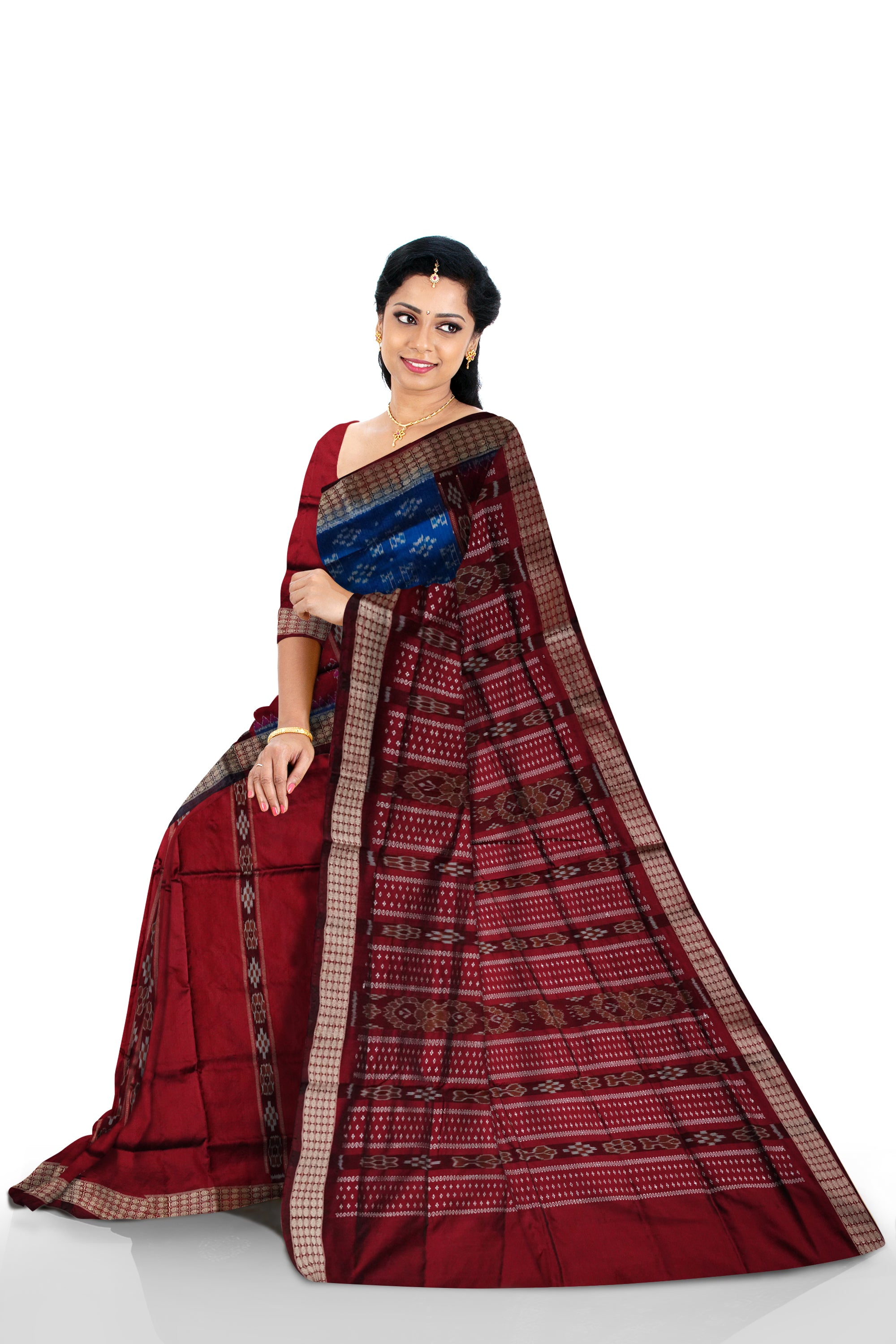 Blue & Maroon color pasapali pattern patli pata saree. - Koshali Arts & Crafts Enterprise