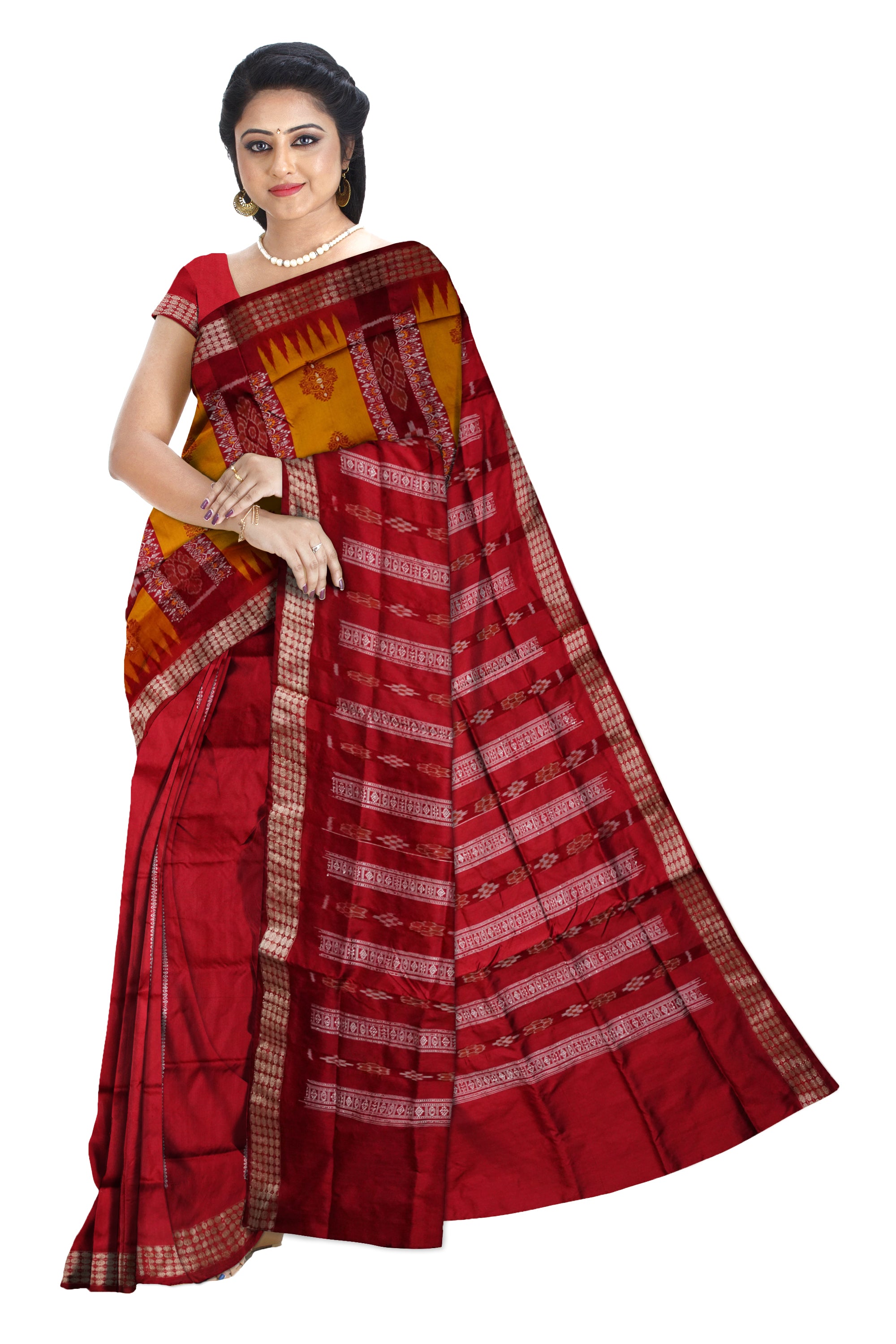Sambalpuri patli design pata saree is Yellow & Maroon color base. - Koshali Arts & Crafts Enterprise