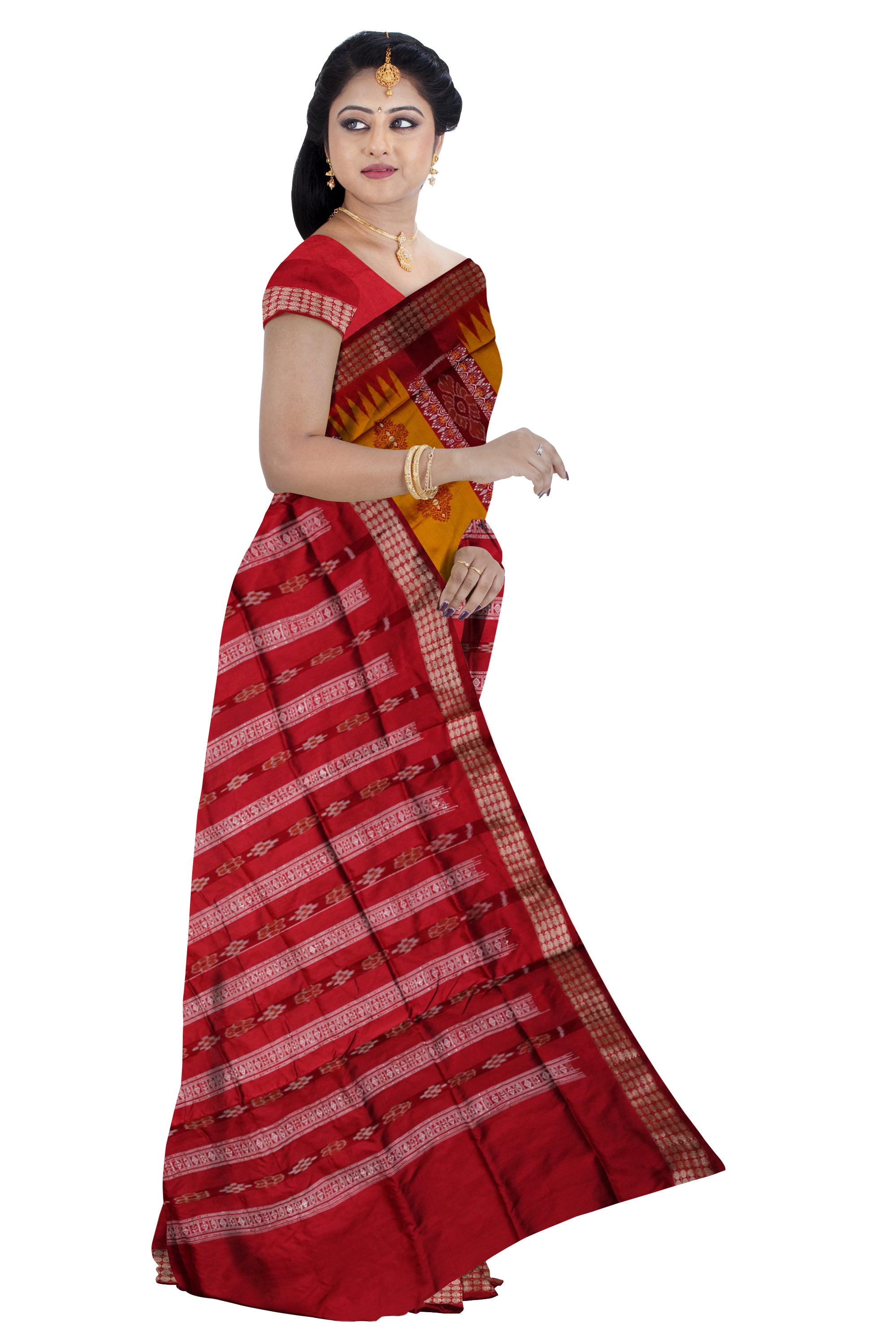 Sambalpuri patli design pata saree is Yellow & Maroon color base. - Koshali Arts & Crafts Enterprise