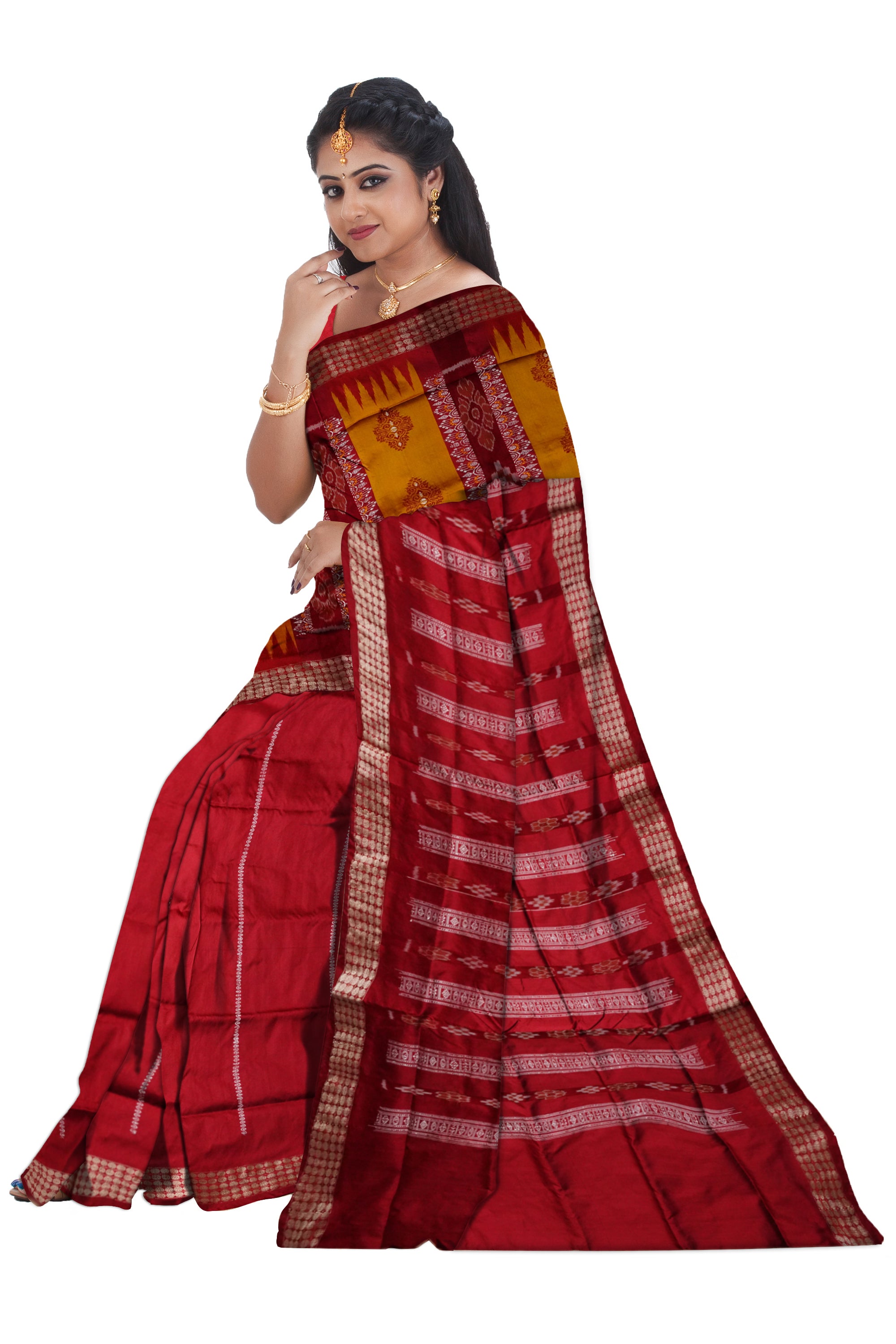 Sambalpuri patli design pata saree is Yellow & Maroon color base. - Koshali Arts & Crafts Enterprise