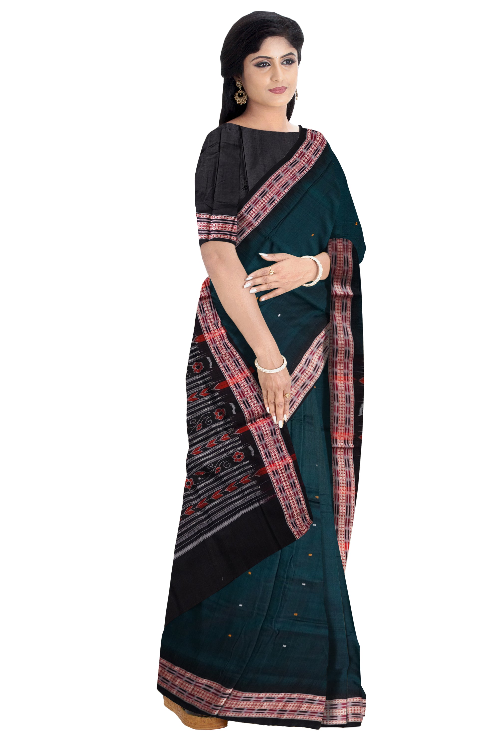Deep Green and Black colour plain design Sambalpuri cotton saree. - Koshali Arts & Crafts Enterprise