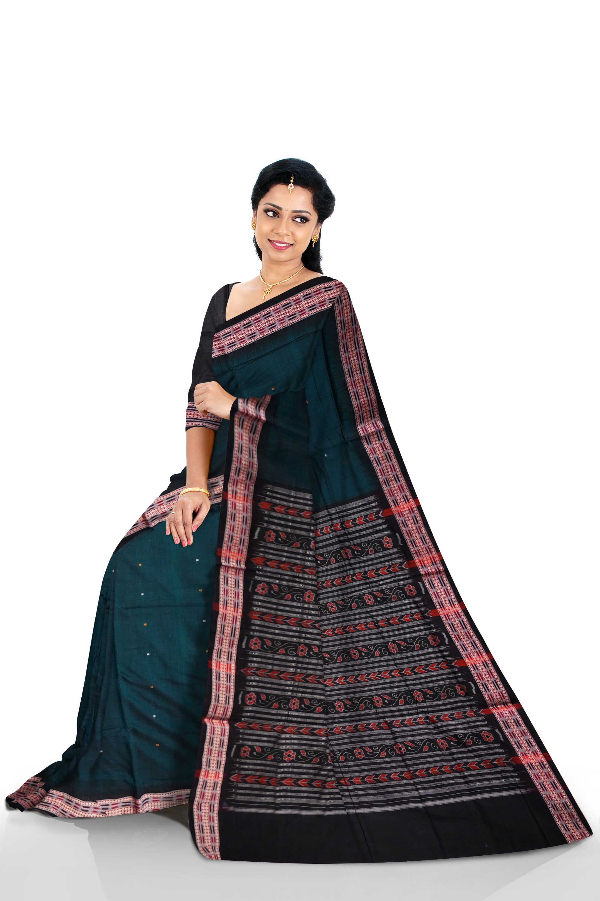 Deep Green and Black colour plain design Sambalpuri cotton saree. - Koshali Arts & Crafts Enterprise