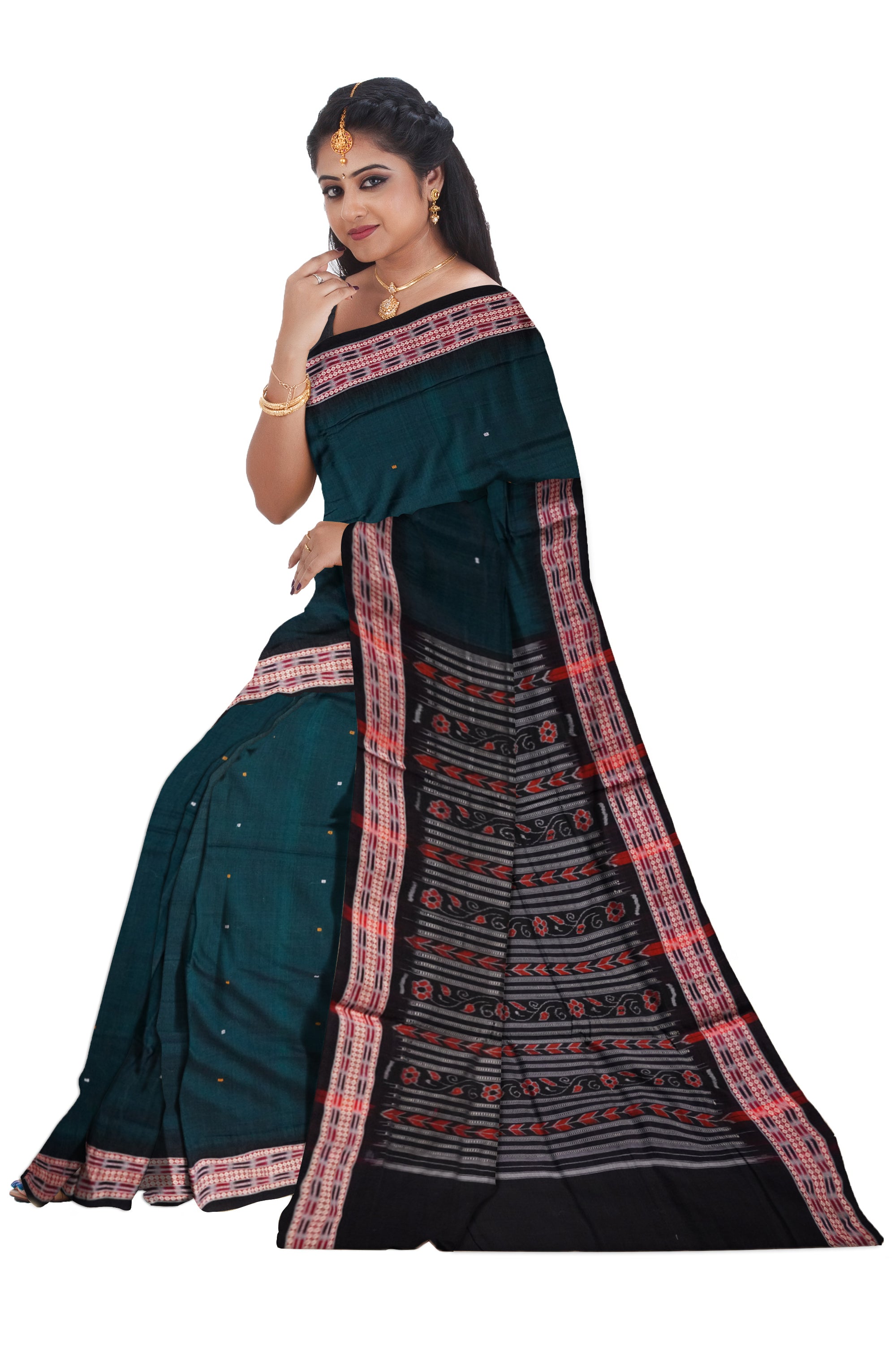 Deep Green and Black colour plain design Sambalpuri cotton saree. - Koshali Arts & Crafts Enterprise