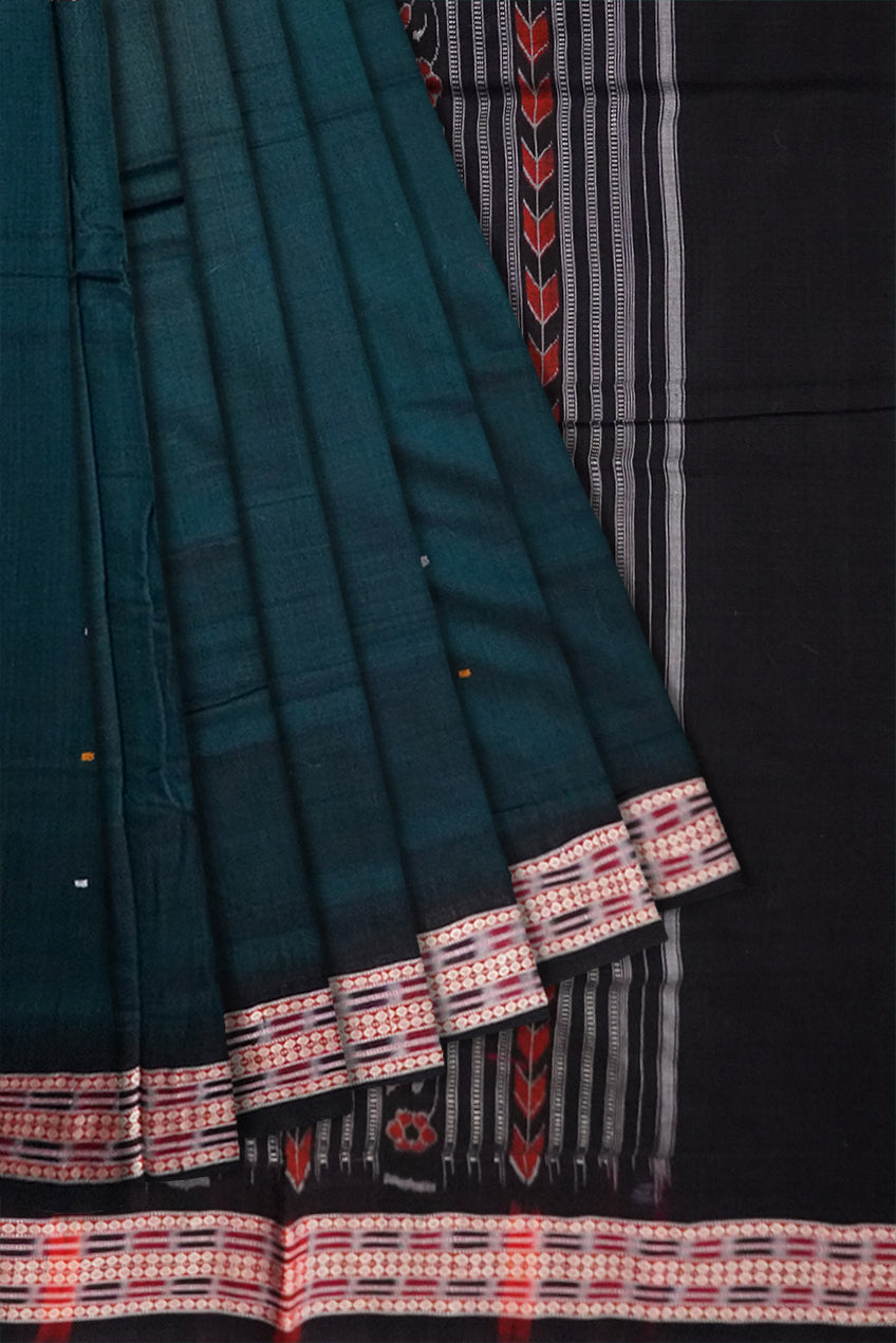 Deep Green and Black colour plain design Sambalpuri cotton saree. - Koshali Arts & Crafts Enterprise