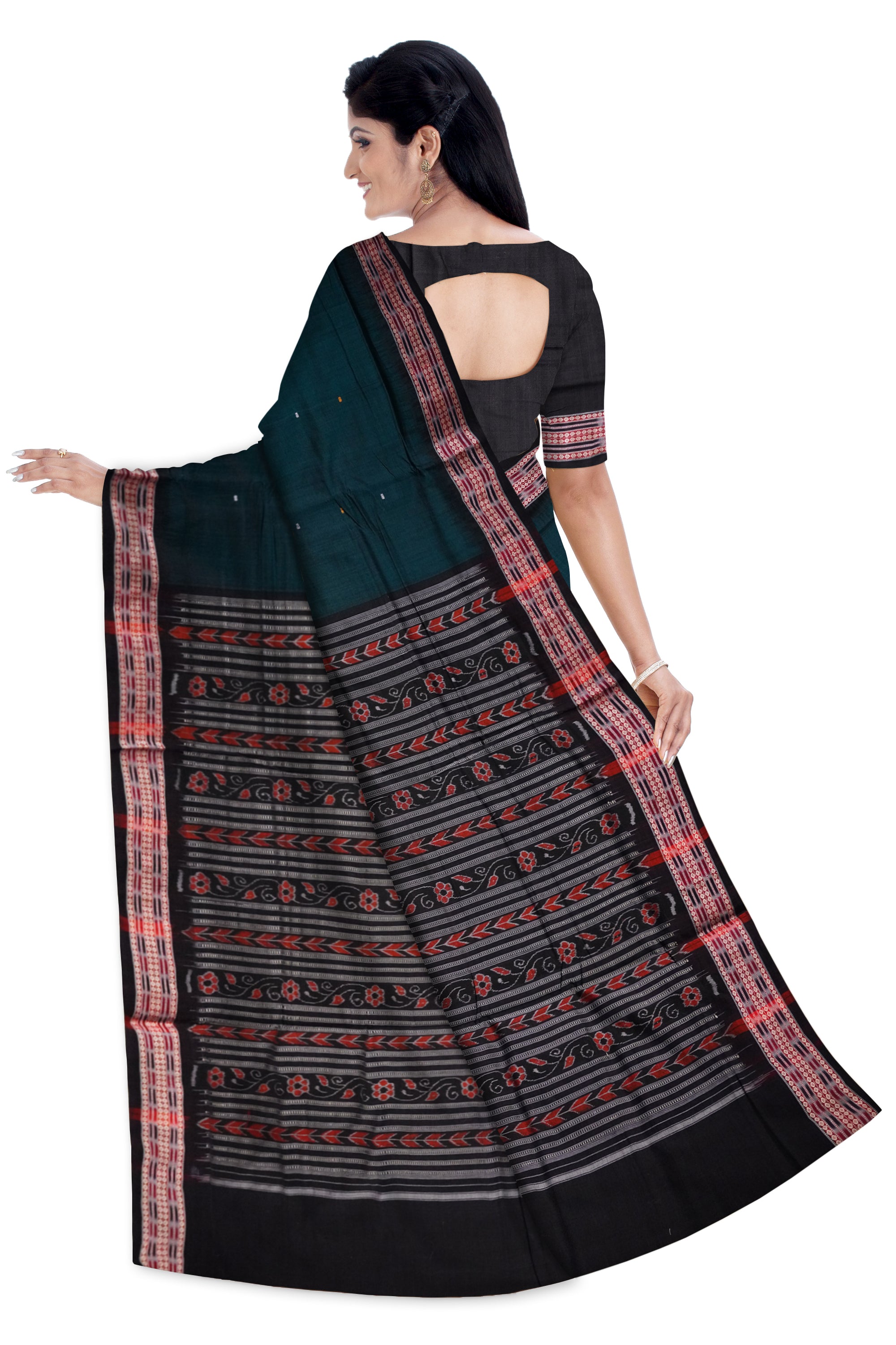 Deep Green and Black colour plain design Sambalpuri cotton saree. - Koshali Arts & Crafts Enterprise