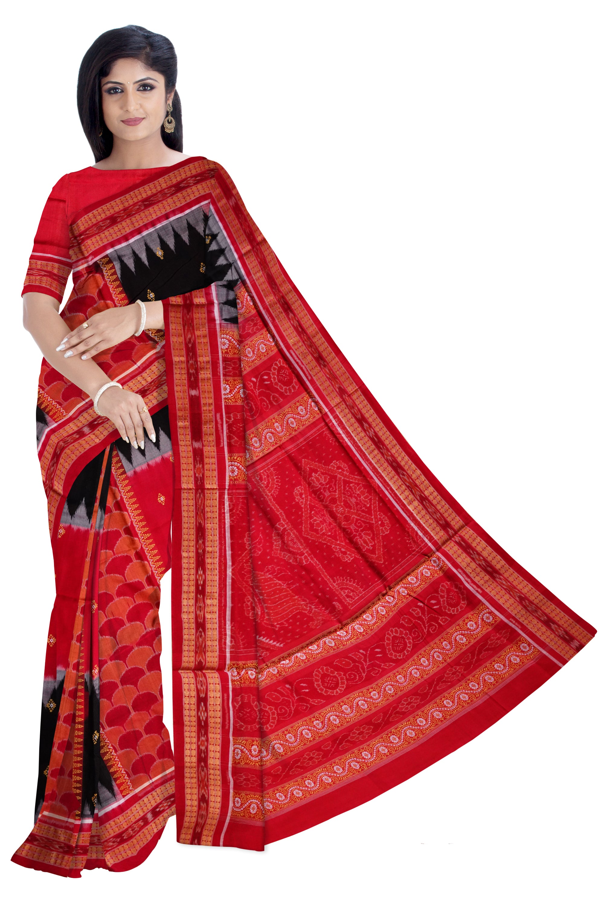Sambalpuri cotton pere pere saree in Red and Black colour. - Koshali Arts & Crafts Enterprise