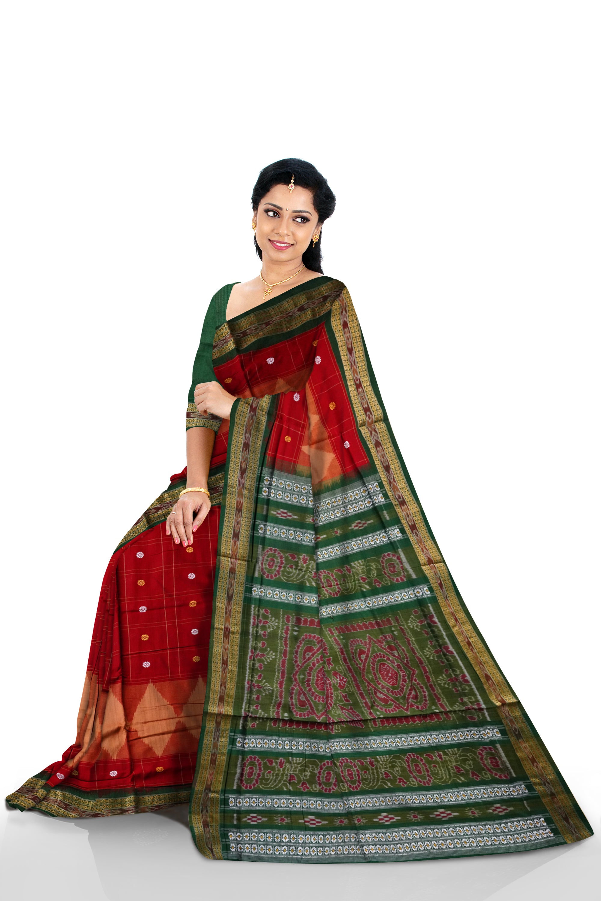 Maroon and Green colour booty pattern plain design cotton saree. - Koshali Arts & Crafts Enterprise