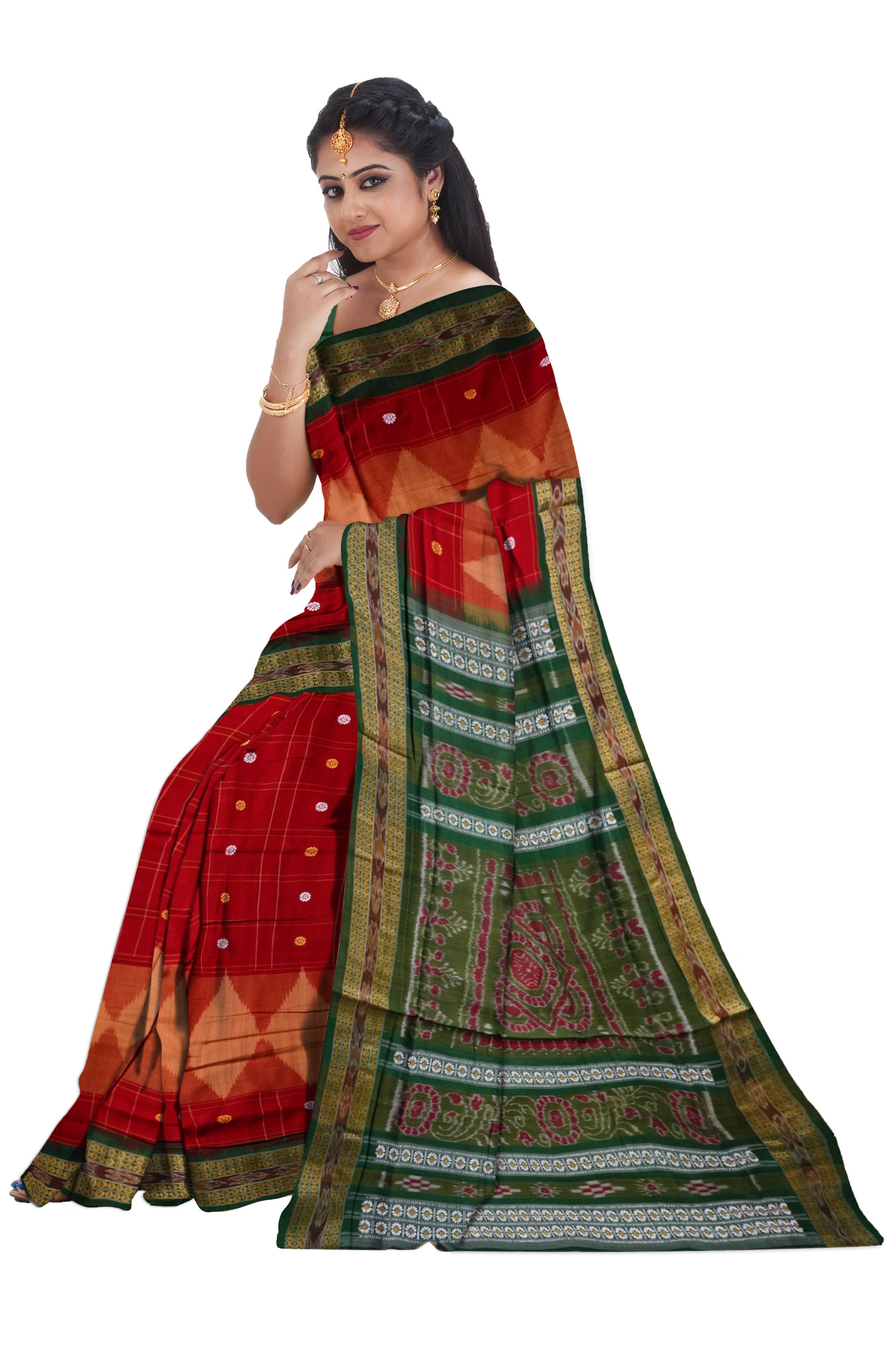 Maroon and Green colour booty pattern plain design cotton saree. - Koshali Arts & Crafts Enterprise