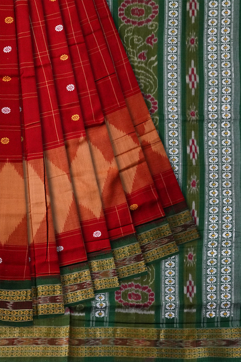 Maroon and Green colour booty pattern plain design cotton saree. - Koshali Arts & Crafts Enterprise