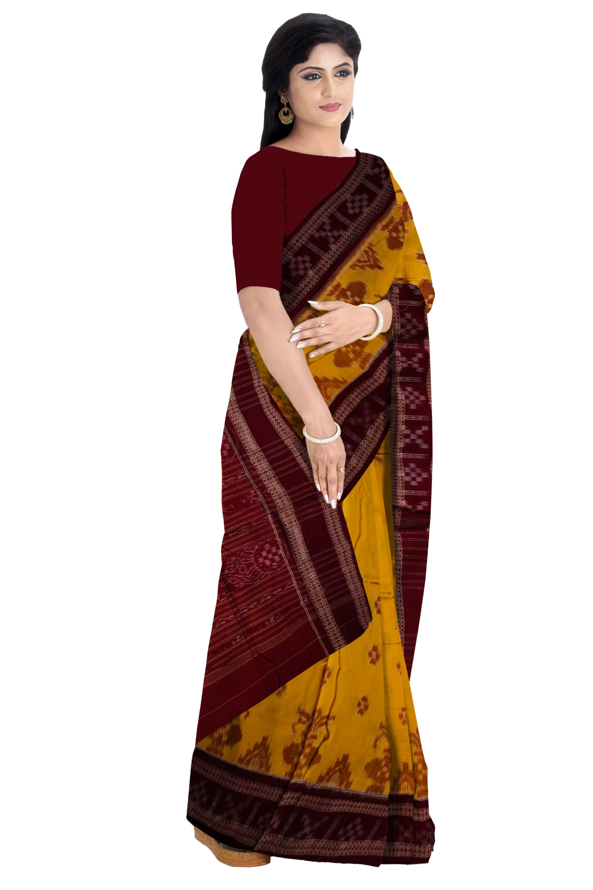 Yellow and coffee colour kalasa design in full body work sambalpuri cotton saree. - Koshali Arts & Crafts Enterprise