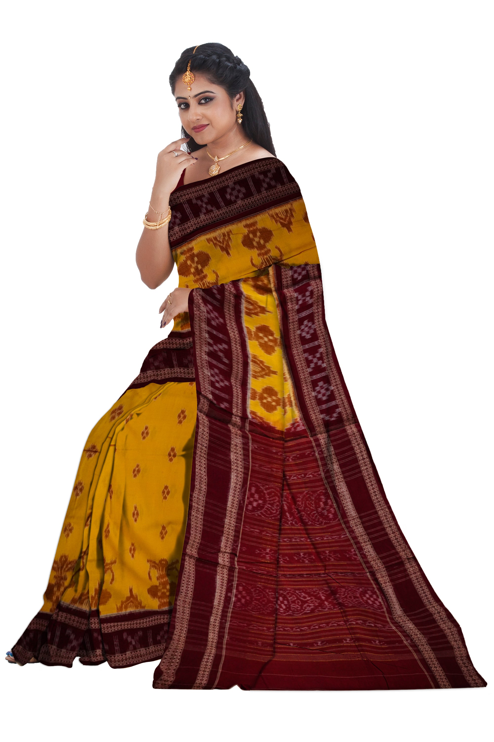Yellow and coffee colour kalasa design in full body work sambalpuri cotton saree. - Koshali Arts & Crafts Enterprise