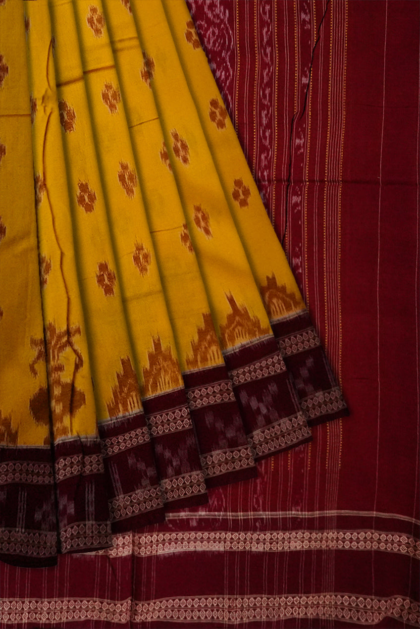 Yellow and coffee colour kalasa design in full body work sambalpuri cotton saree. - Koshali Arts & Crafts Enterprise