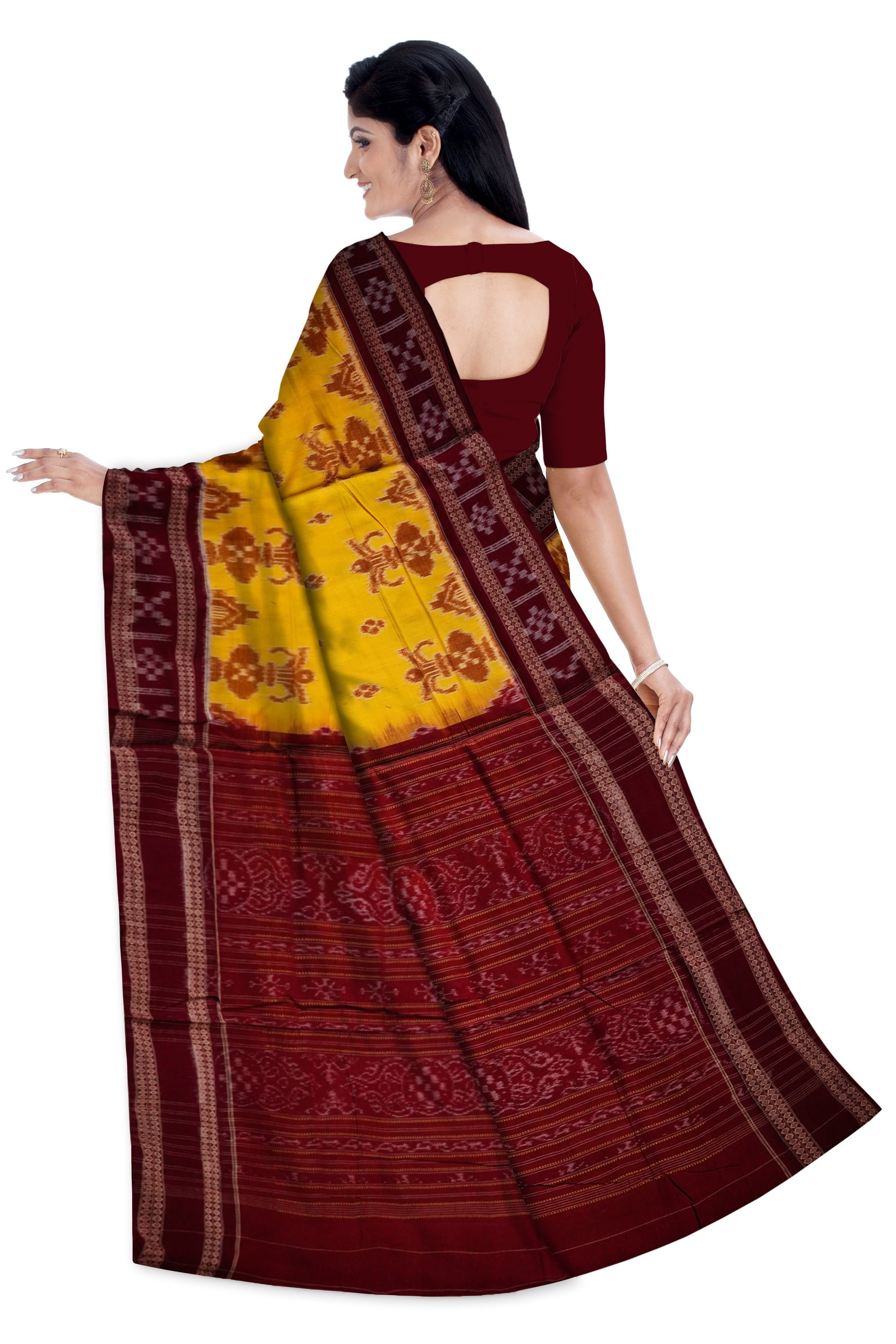 Yellow and coffee colour kalasa design in full body work sambalpuri cotton saree. - Koshali Arts & Crafts Enterprise