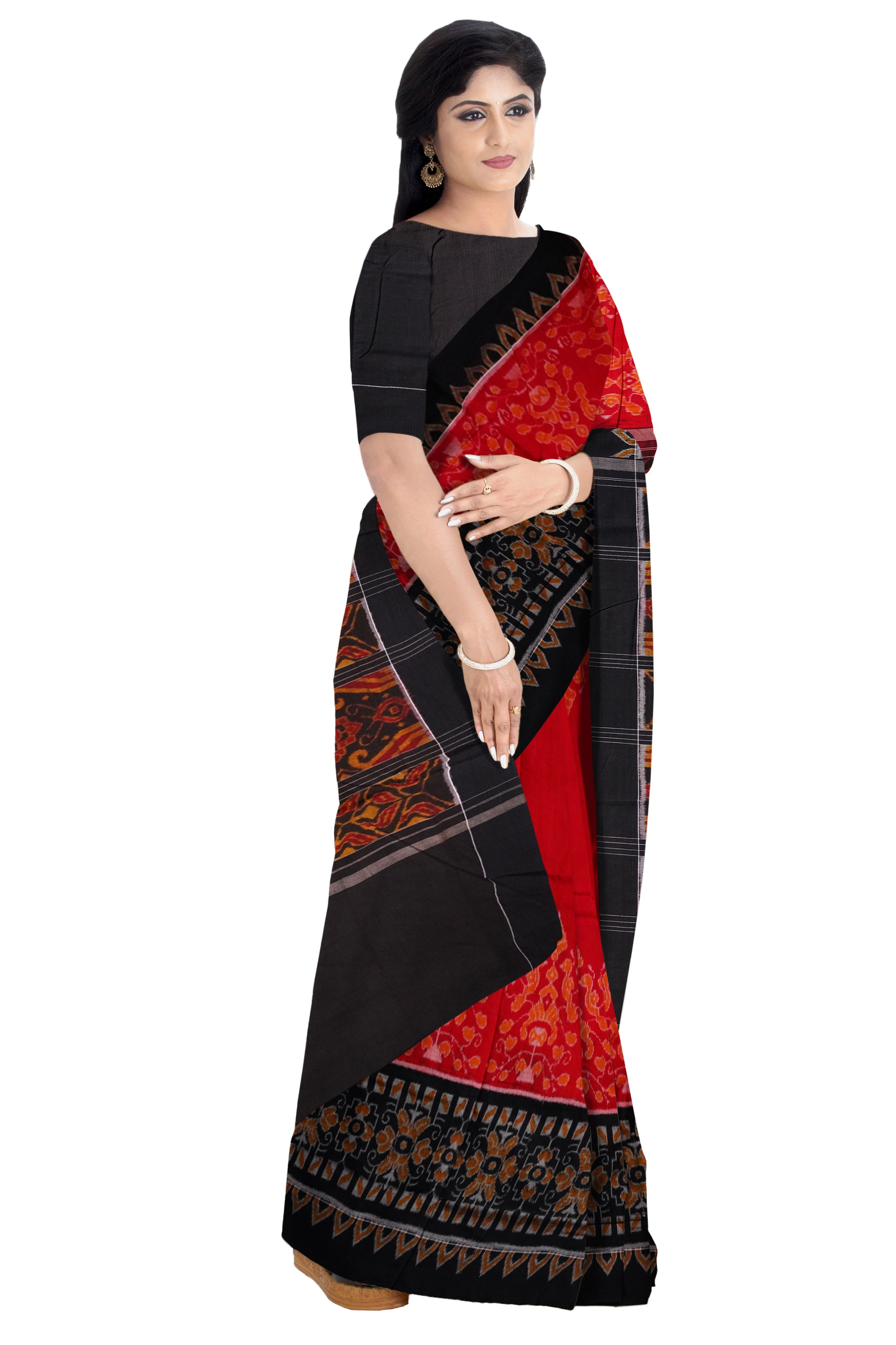 Plain border with full body bandha work in Red and Black colour cotton saree - Koshali Arts & Crafts Enterprise
