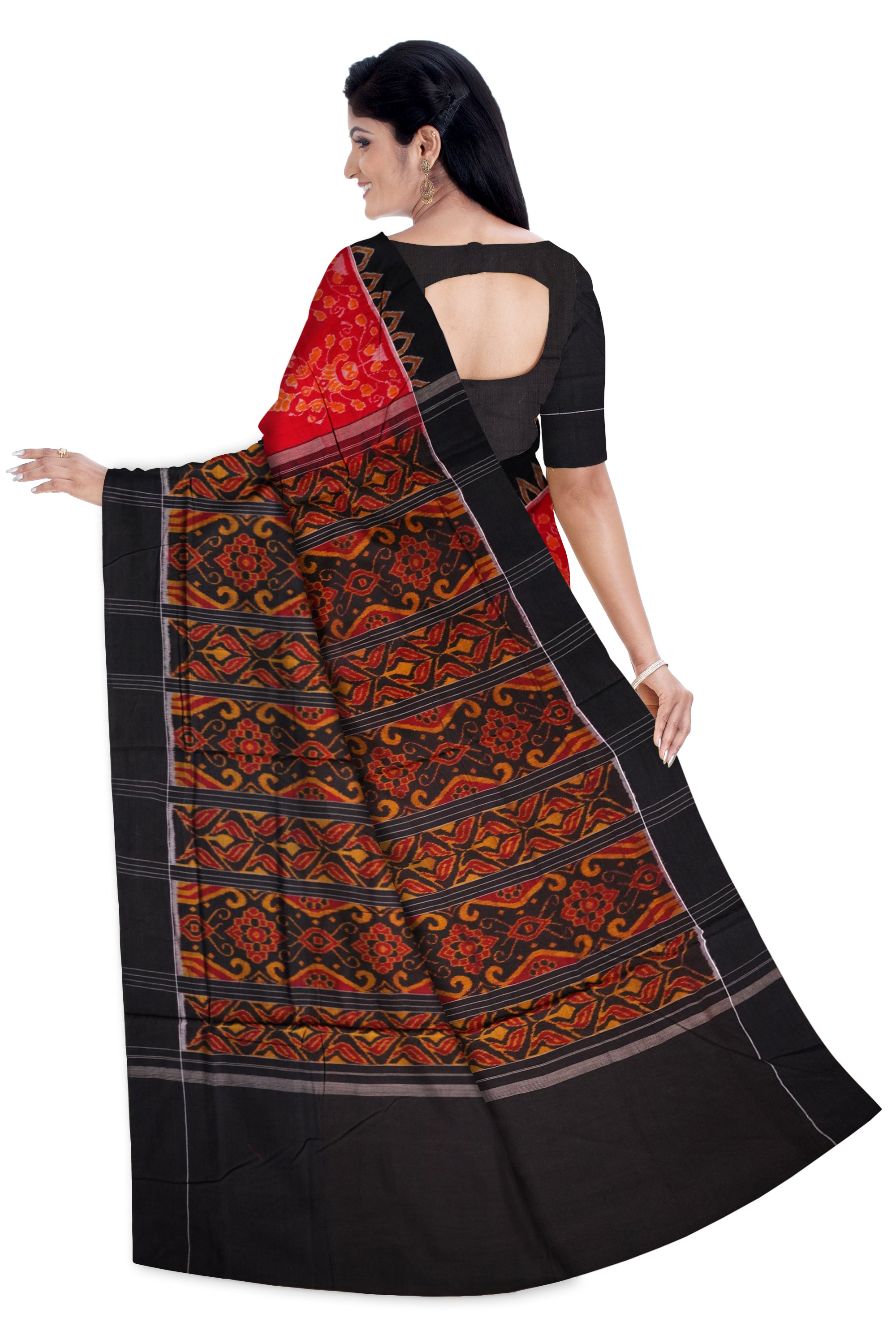 Plain border with full body bandha work in Red and Black colour cotton saree - Koshali Arts & Crafts Enterprise