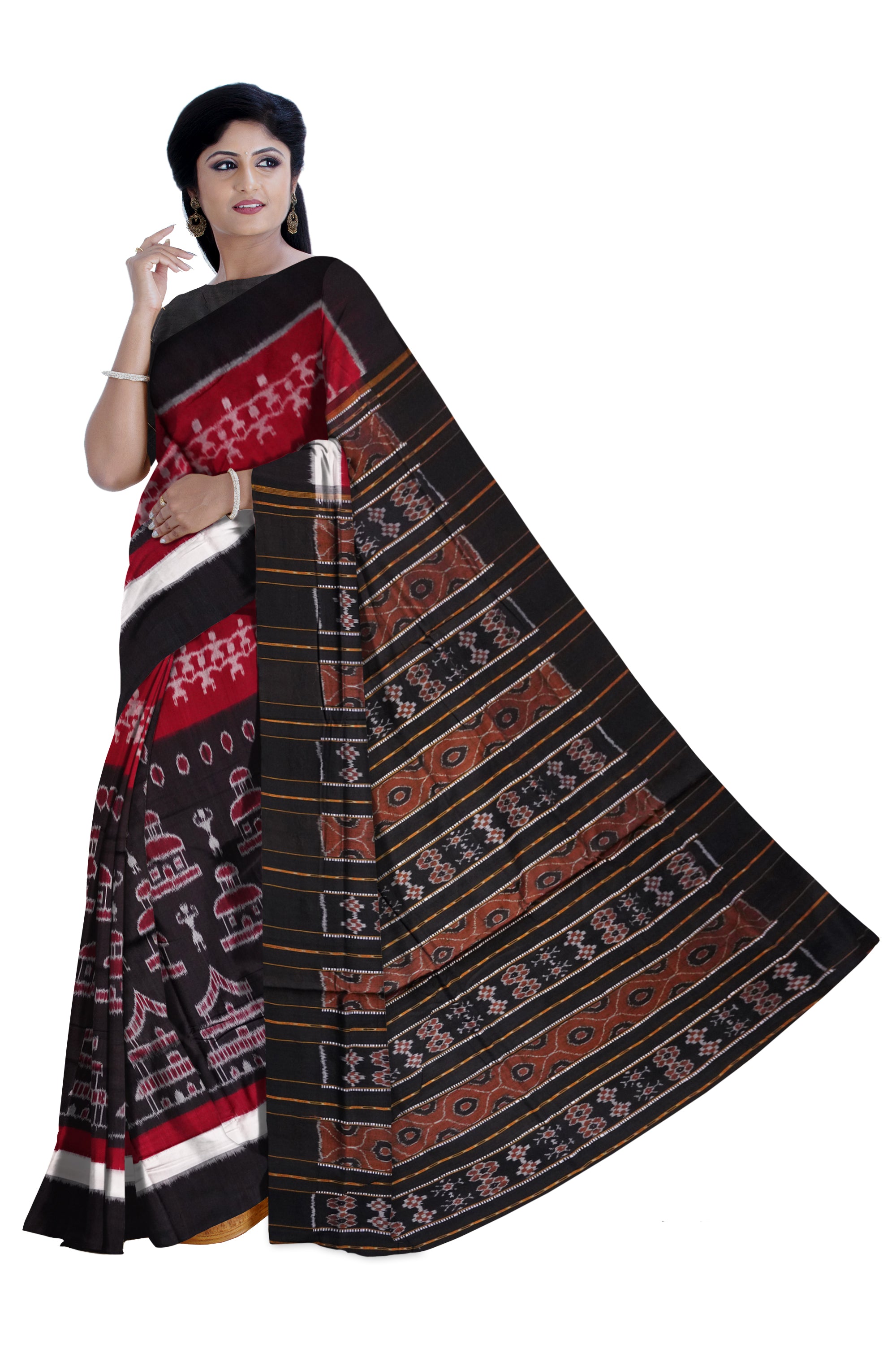 Terracotta pattern with plain border in Maroon and Black colour sambalpuri cotton saree - Koshali Arts & Crafts Enterprise