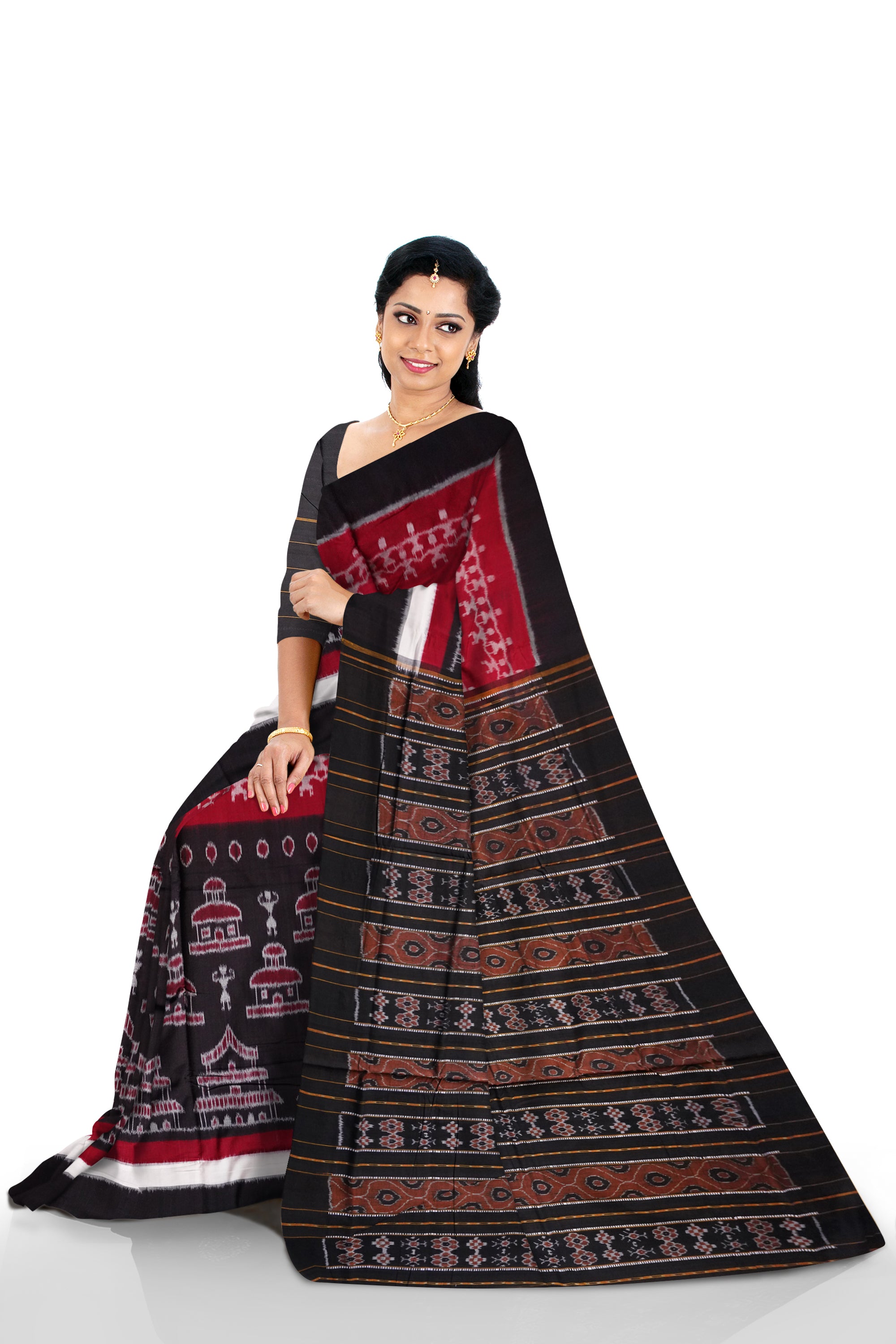Terracotta pattern with plain border in Maroon and Black colour sambalpuri cotton saree - Koshali Arts & Crafts Enterprise