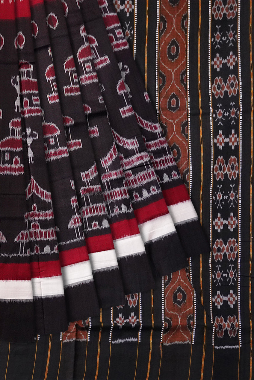 Terracotta pattern with plain border in Maroon and Black colour sambalpuri cotton saree - Koshali Arts & Crafts Enterprise