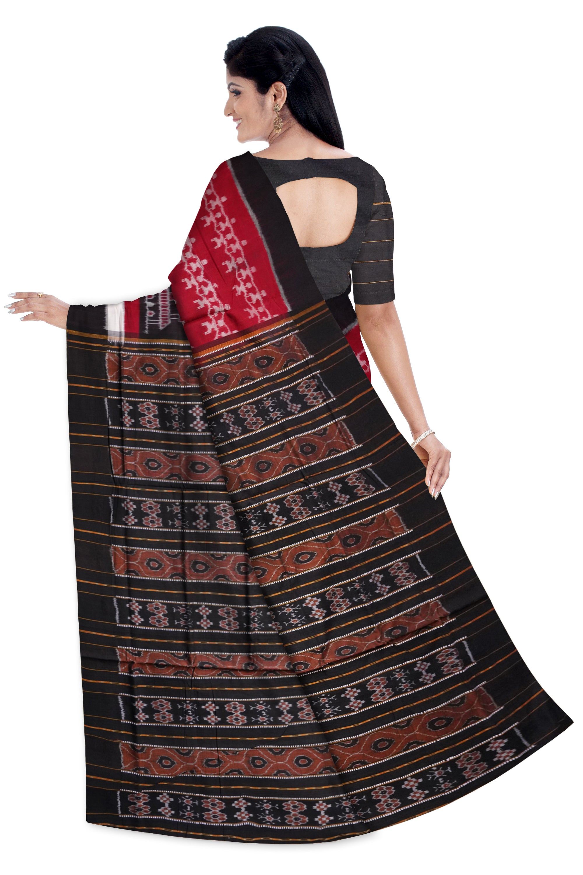 Terracotta pattern with plain border in Maroon and Black colour sambalpuri cotton saree - Koshali Arts & Crafts Enterprise