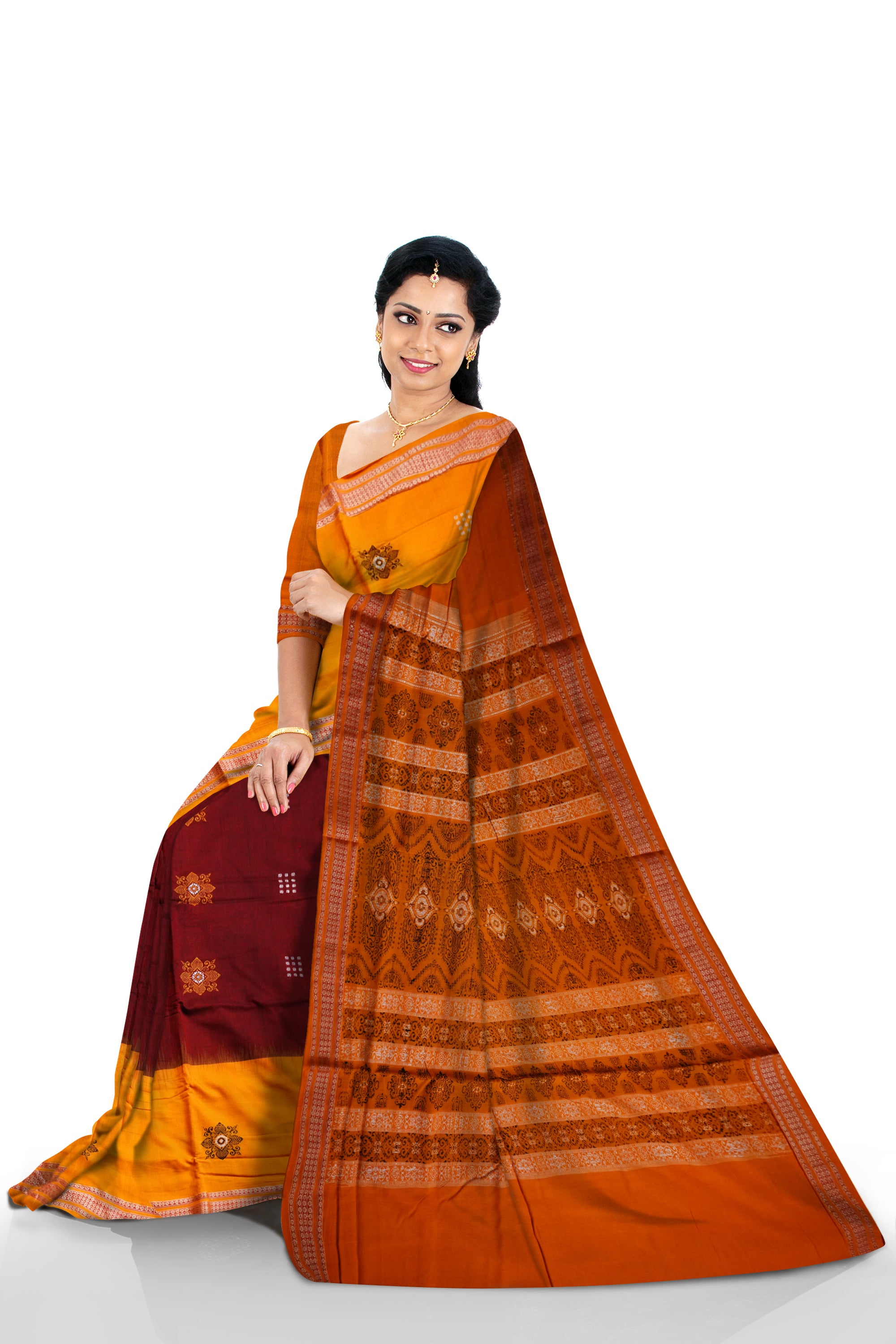 Yellow and coffee colour bomkei sambalpuri cotton saree. - Koshali Arts & Crafts Enterprise