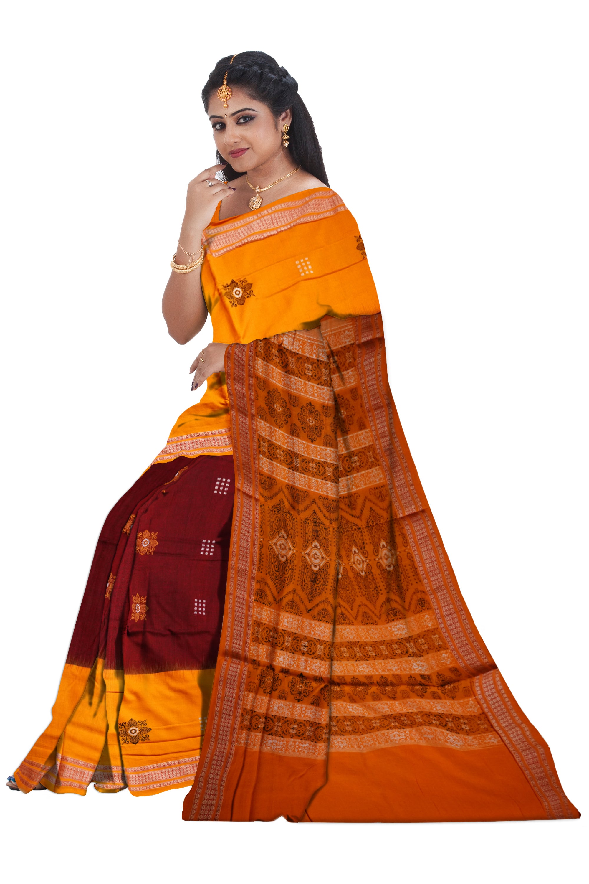 Yellow and coffee colour bomkei sambalpuri cotton saree. - Koshali Arts & Crafts Enterprise