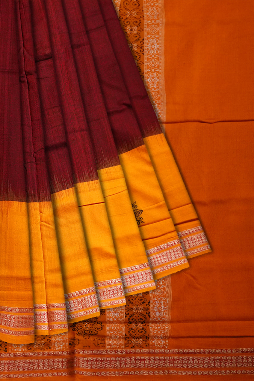 Yellow and coffee colour bomkei sambalpuri cotton saree. - Koshali Arts & Crafts Enterprise