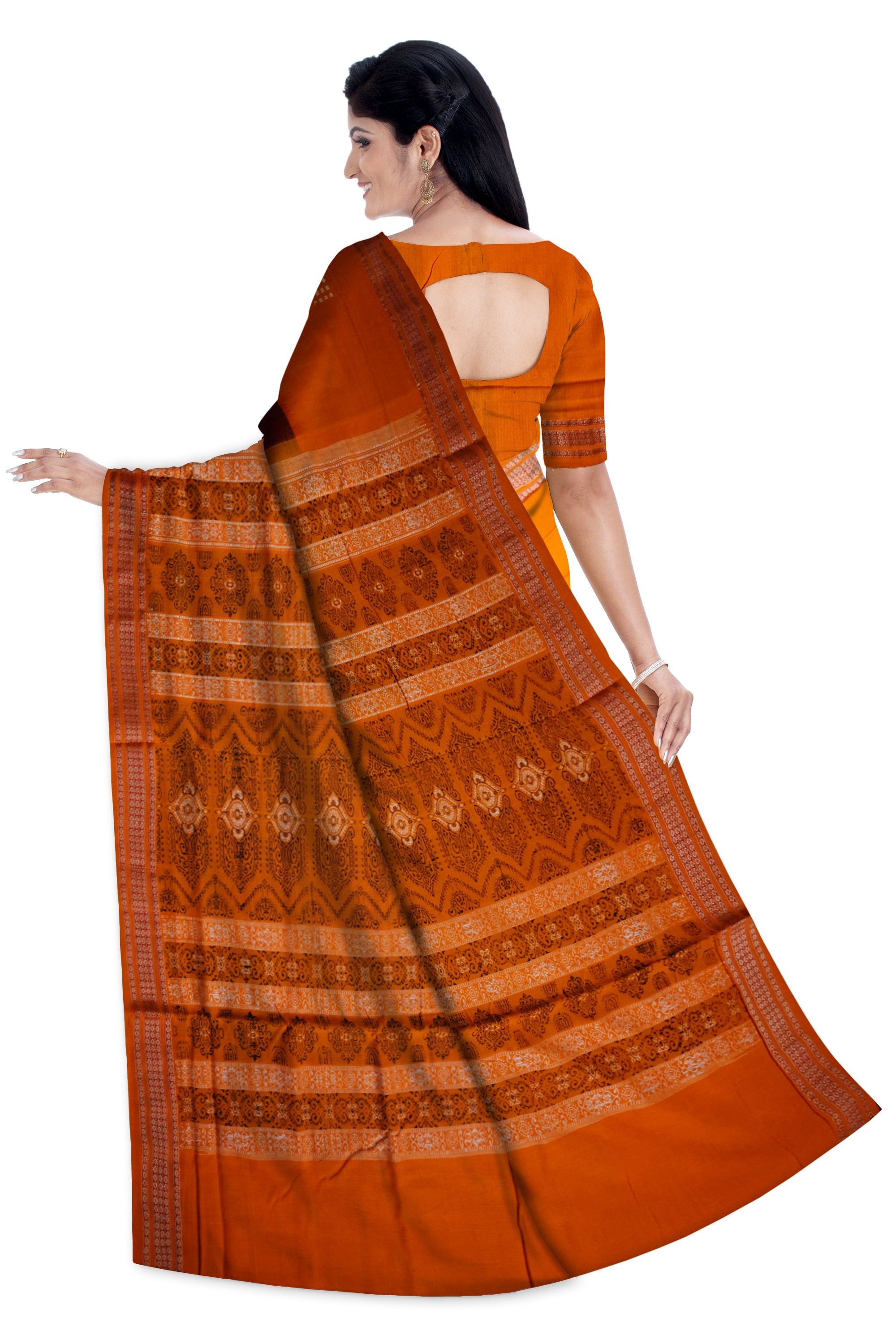 Yellow and coffee colour bomkei sambalpuri cotton saree. - Koshali Arts & Crafts Enterprise