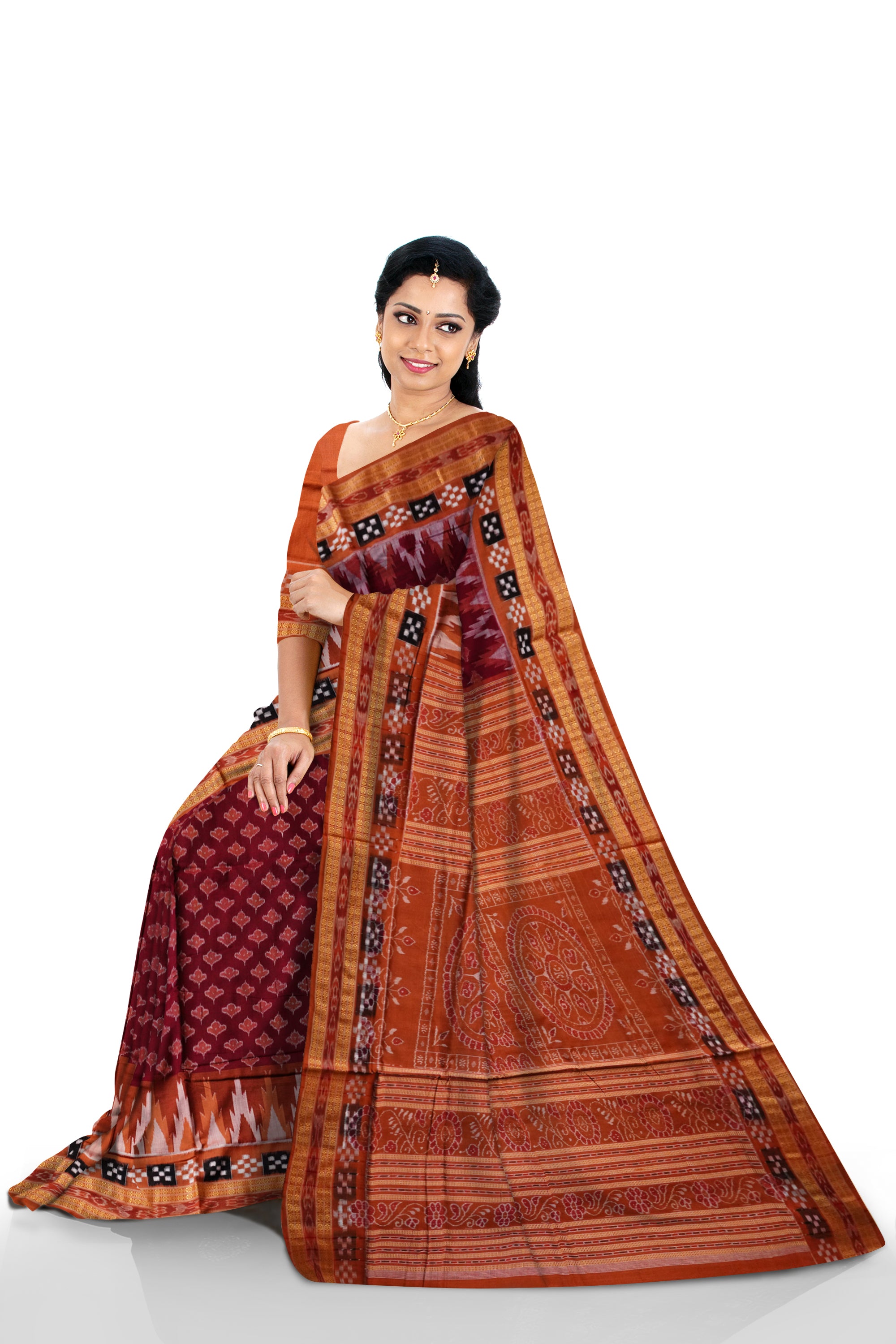 Coffee and mattha colour leaf design with dhadi pasapali pattern cotton saree. - Koshali Arts & Crafts Enterprise