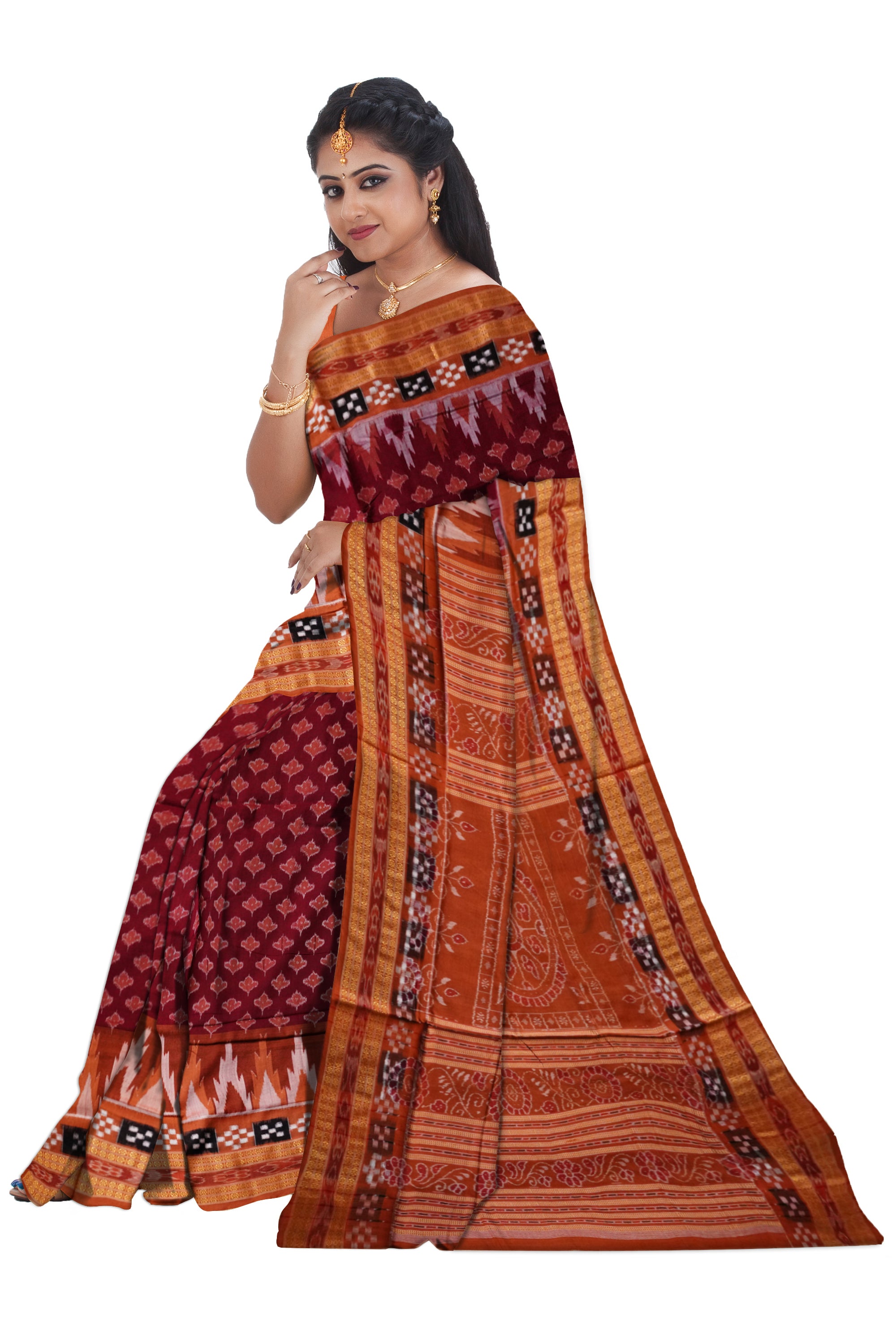 Coffee and mattha colour leaf design with dhadi pasapali pattern cotton saree. - Koshali Arts & Crafts Enterprise