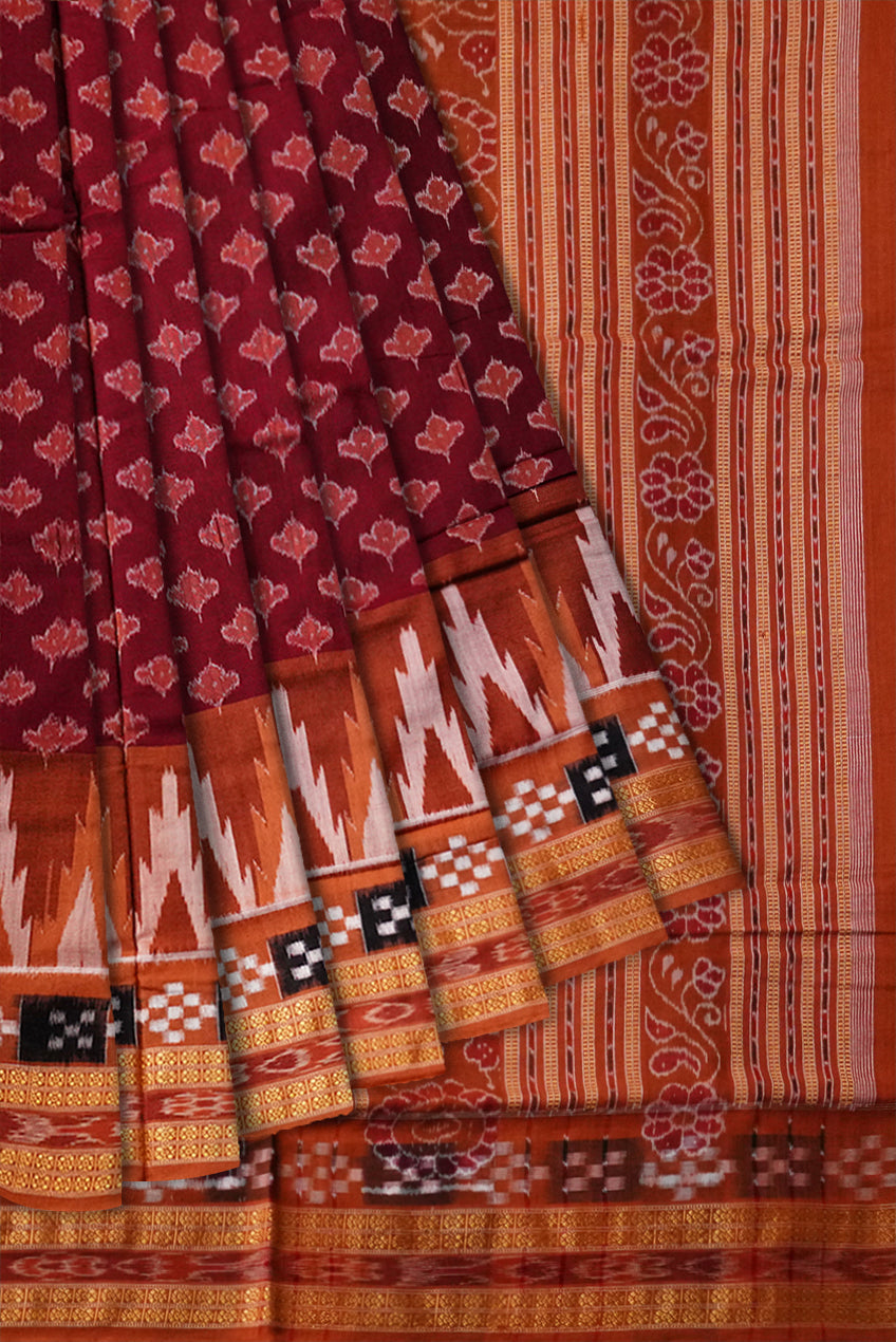 Coffee and mattha colour leaf design with dhadi pasapali pattern cotton saree. - Koshali Arts & Crafts Enterprise