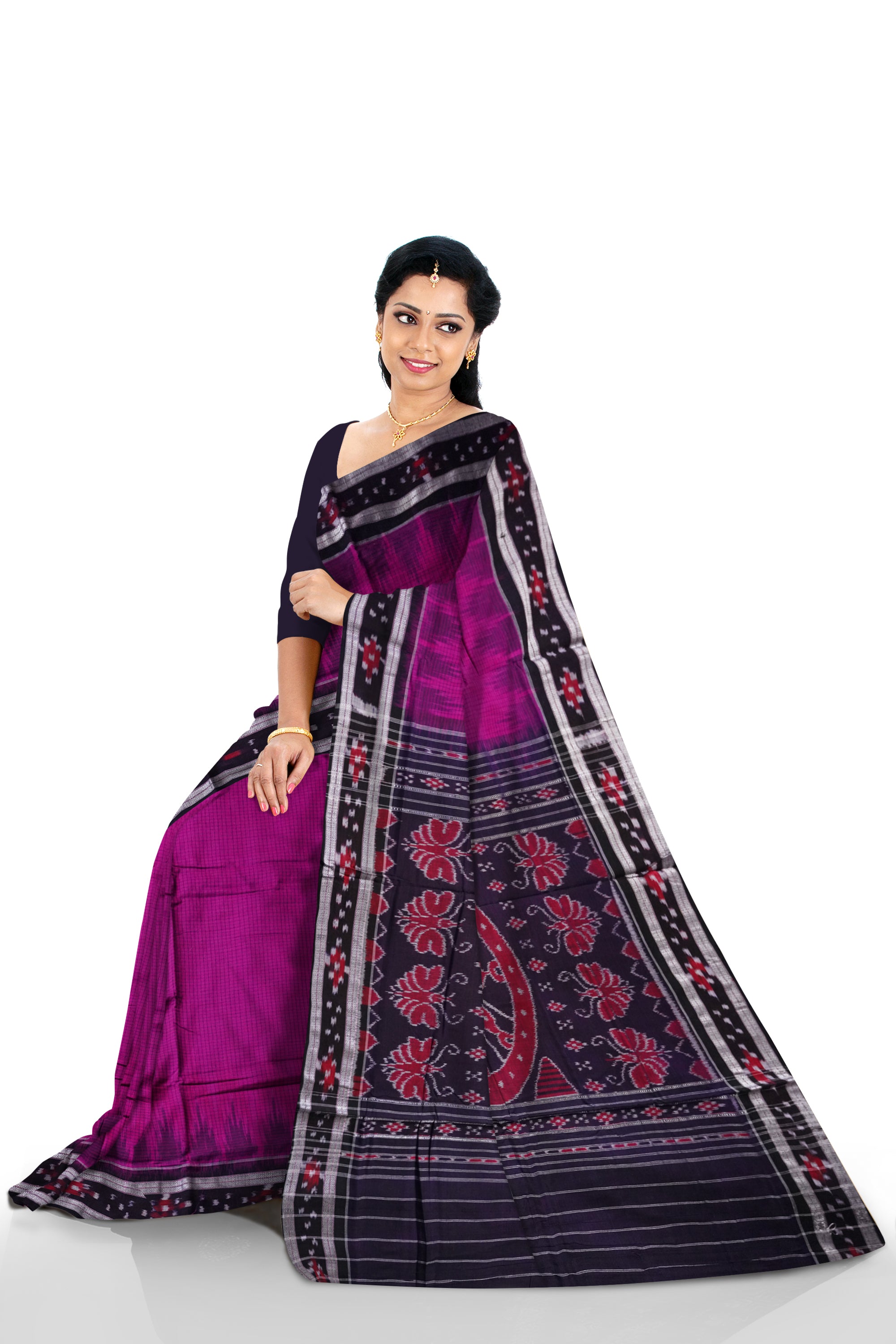 Pink and Black colour dhadi pasapali pattern sambalpuri cotton saree. - Koshali Arts & Crafts Enterprise