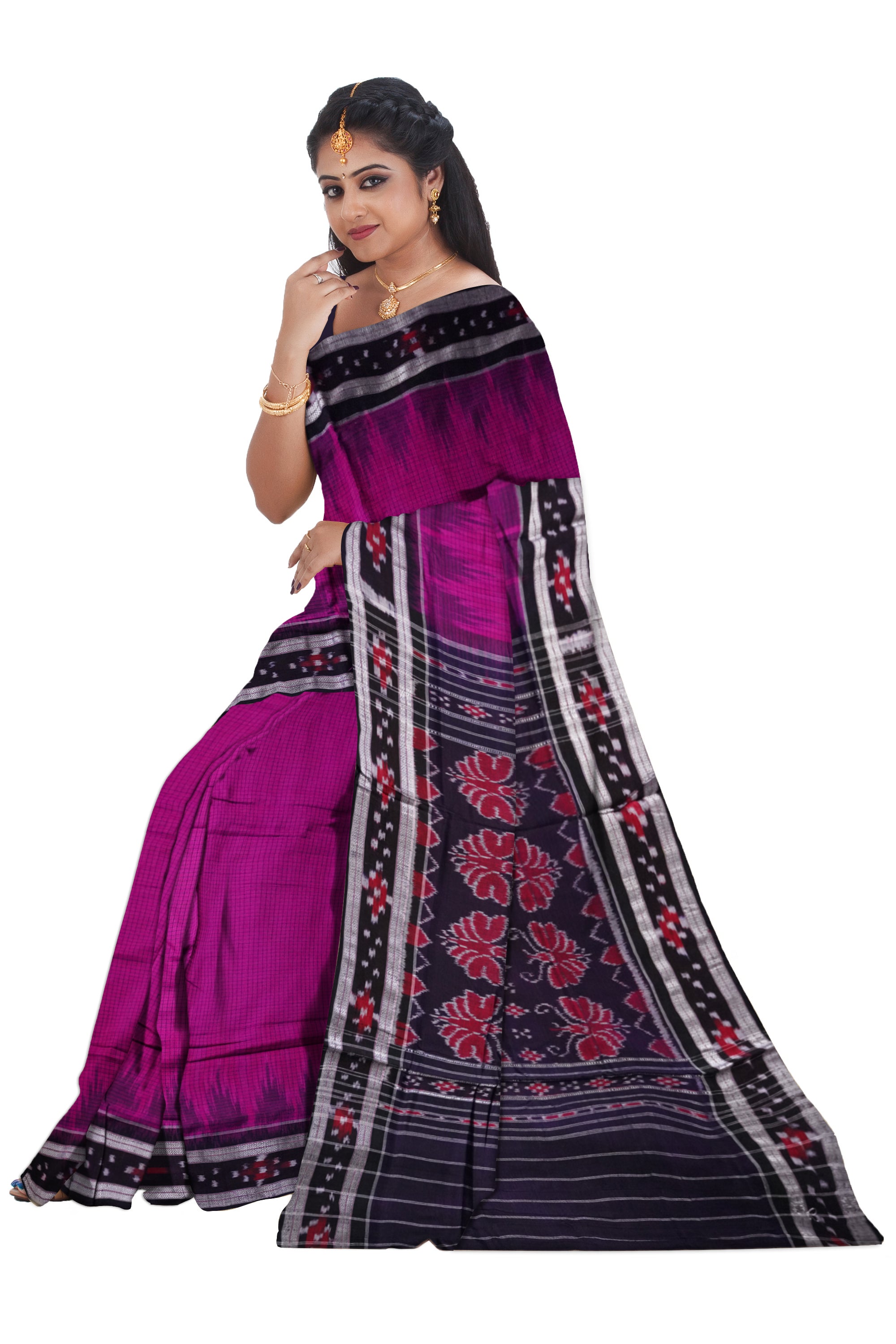 Pink and Black colour dhadi pasapali pattern sambalpuri cotton saree. - Koshali Arts & Crafts Enterprise