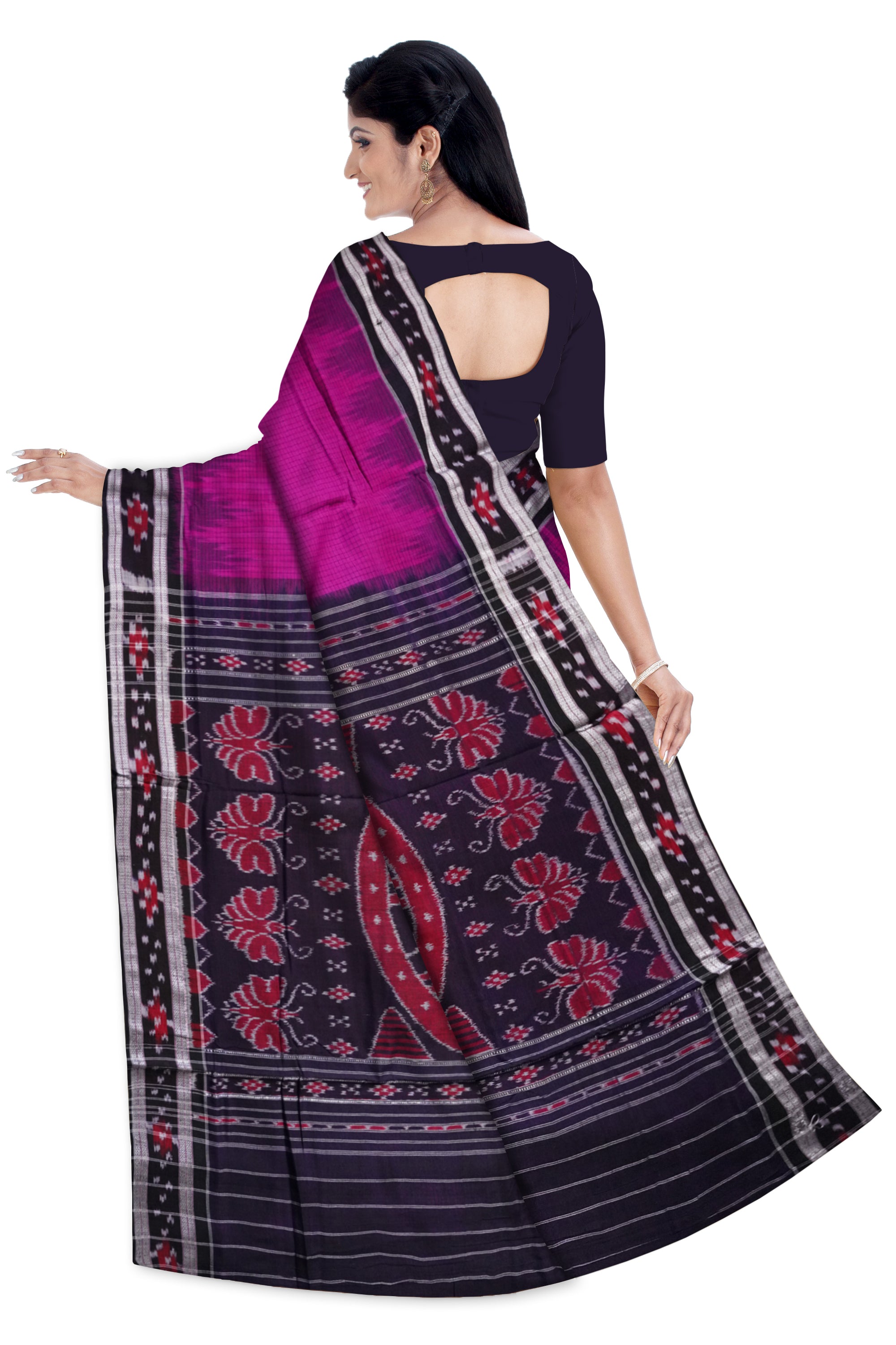 Pink and Black colour dhadi pasapali pattern sambalpuri cotton saree. - Koshali Arts & Crafts Enterprise